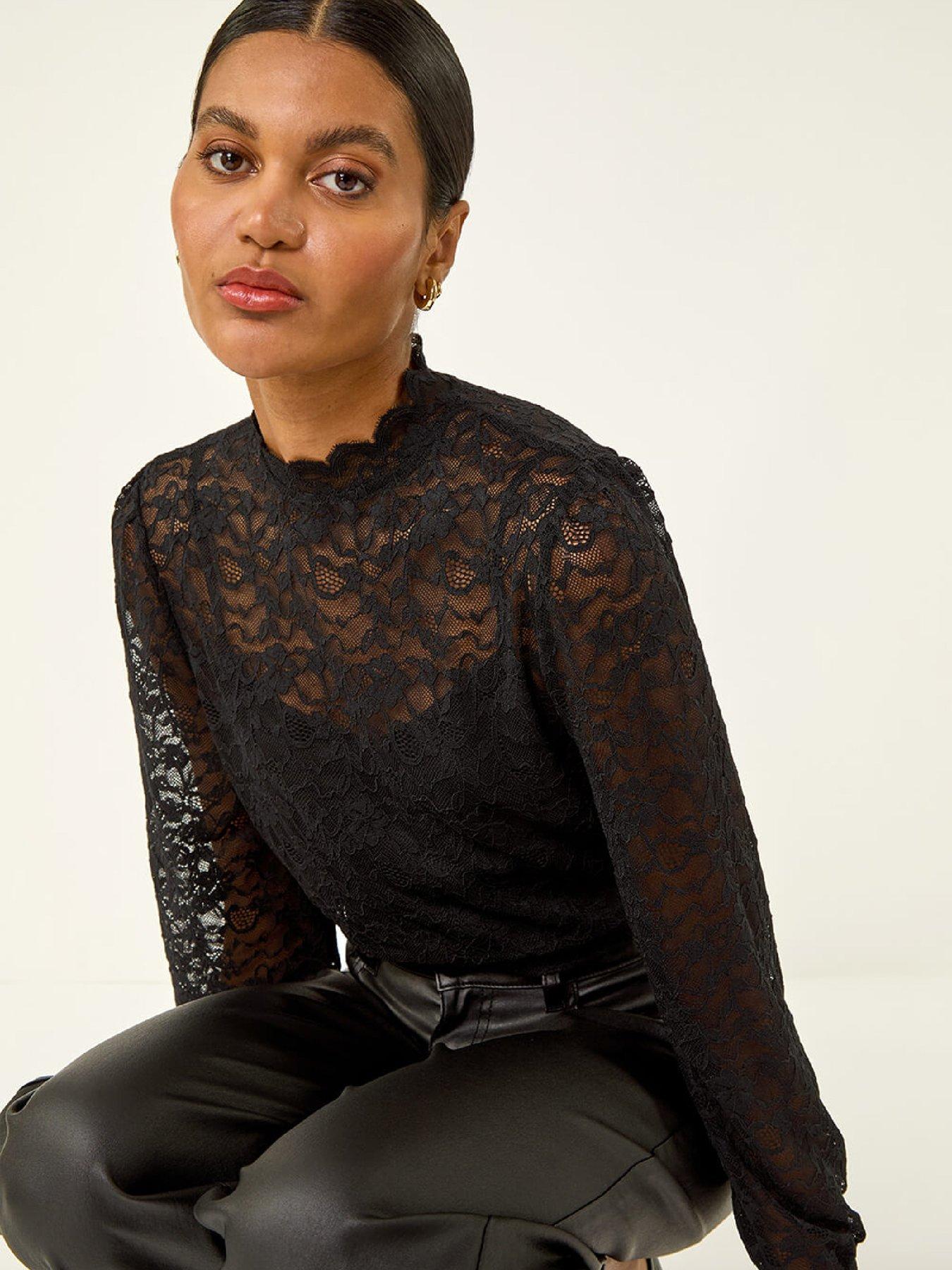 Image 4 of 5 of Roman Lace Frill High Neck Stretch Top - Black
