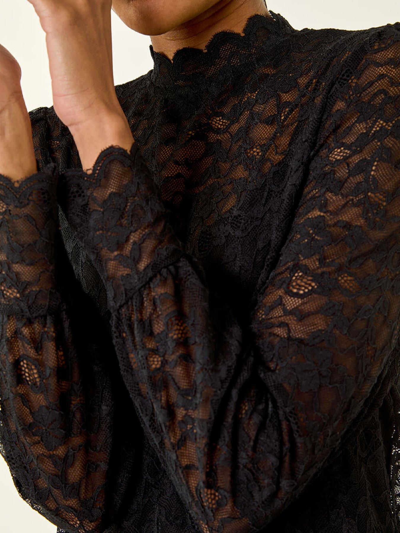 Image 5 of 5 of Roman Lace Frill High Neck Stretch Top - Black