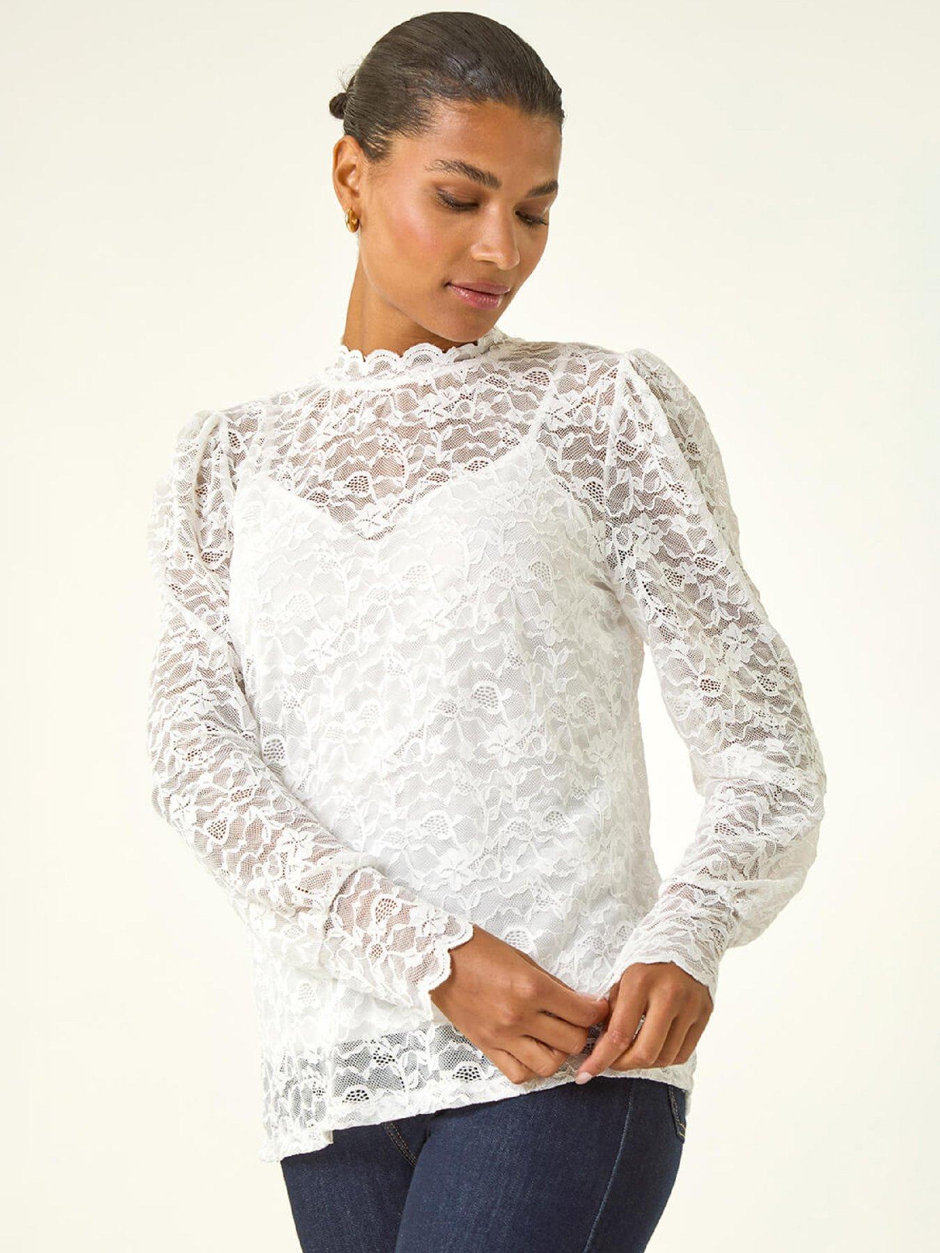  image of roman-lace-frill-high-neck-stretch-top-ivory