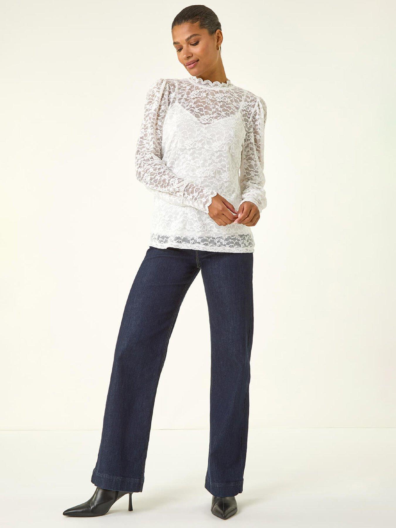  image of roman-lace-frill-high-neck-stretch-top-ivory