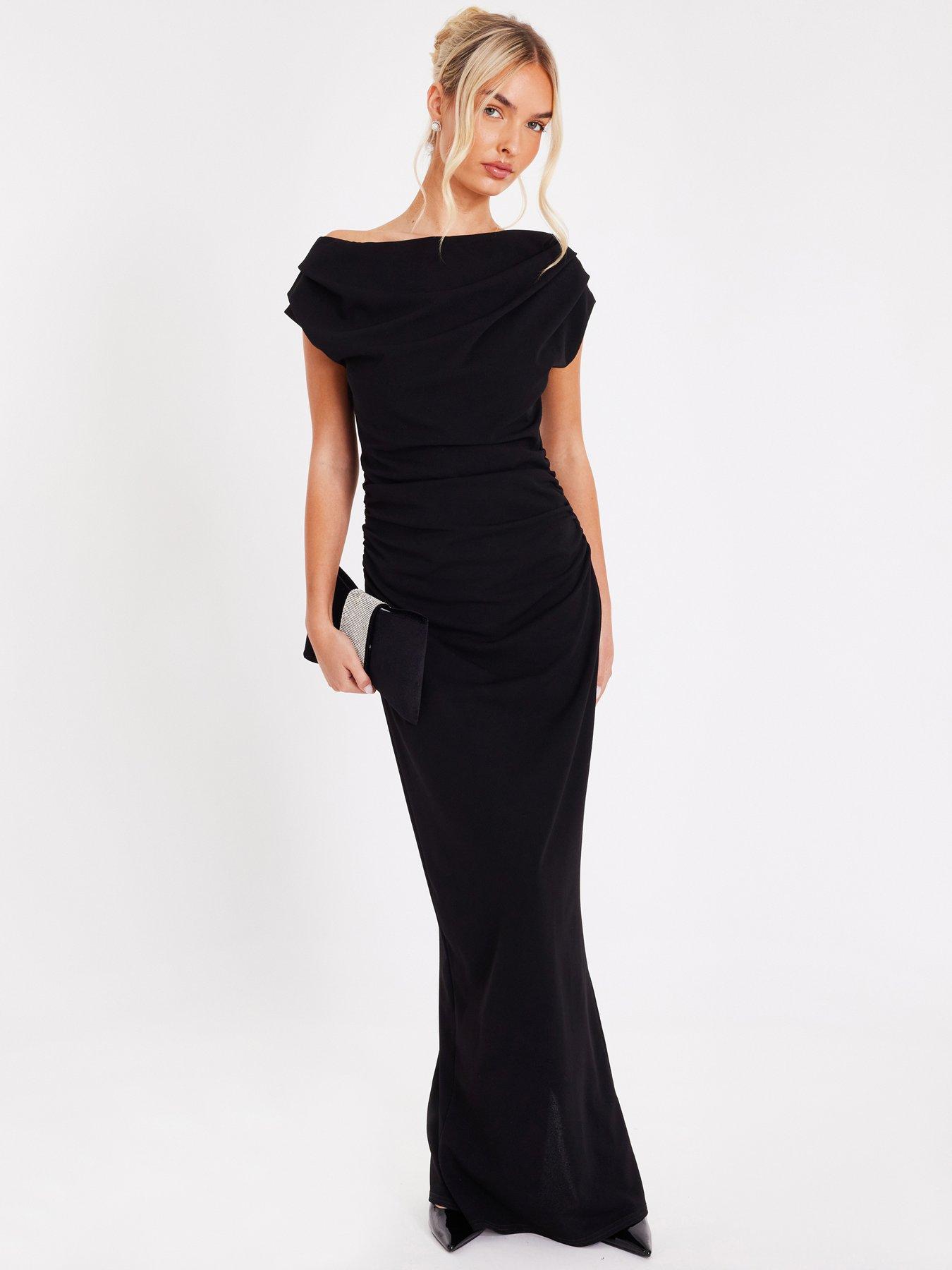  image of quiz-black-asymmetric-ruched-maxi-dress