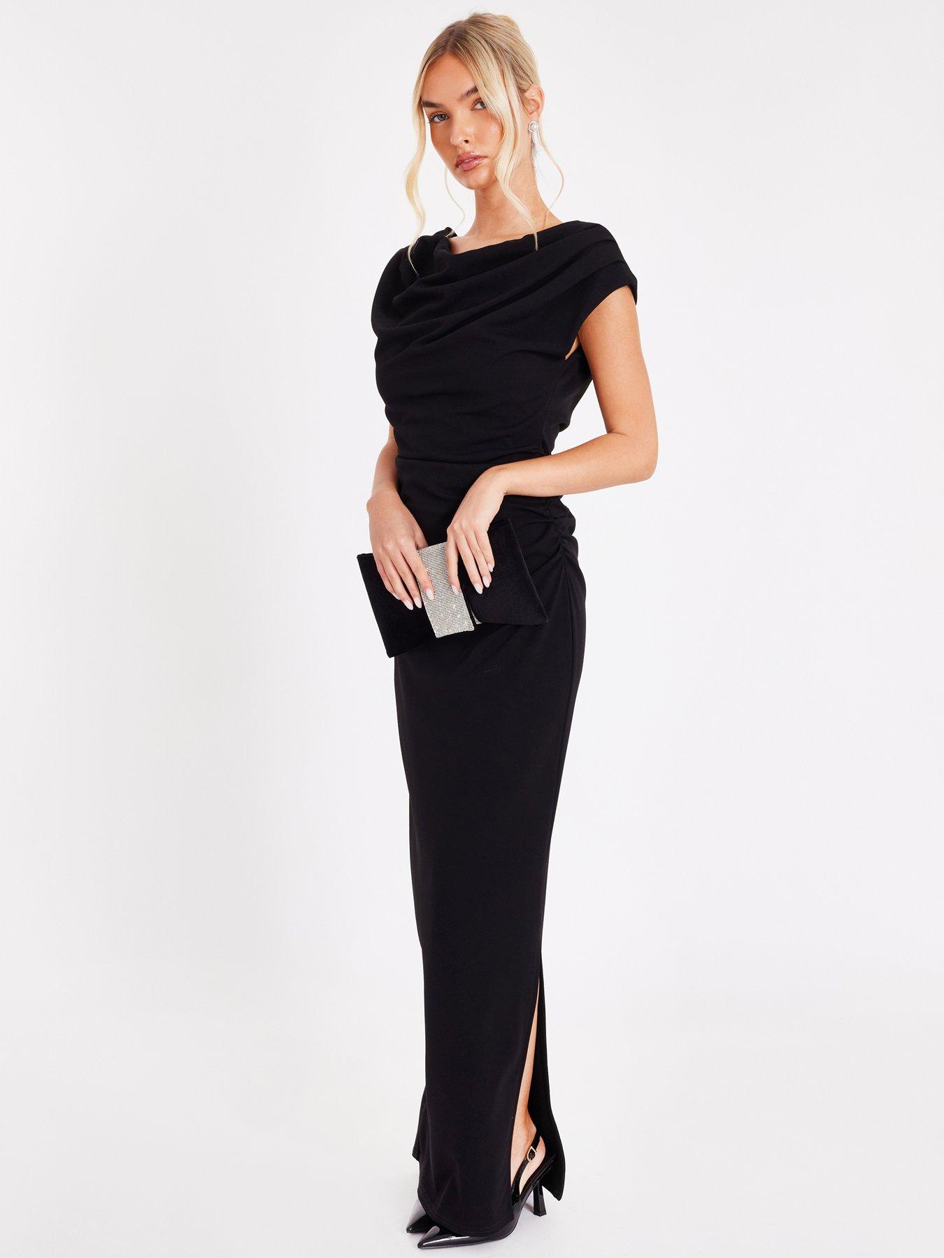 image of quiz-black-asymmetric-ruched-maxi-dress