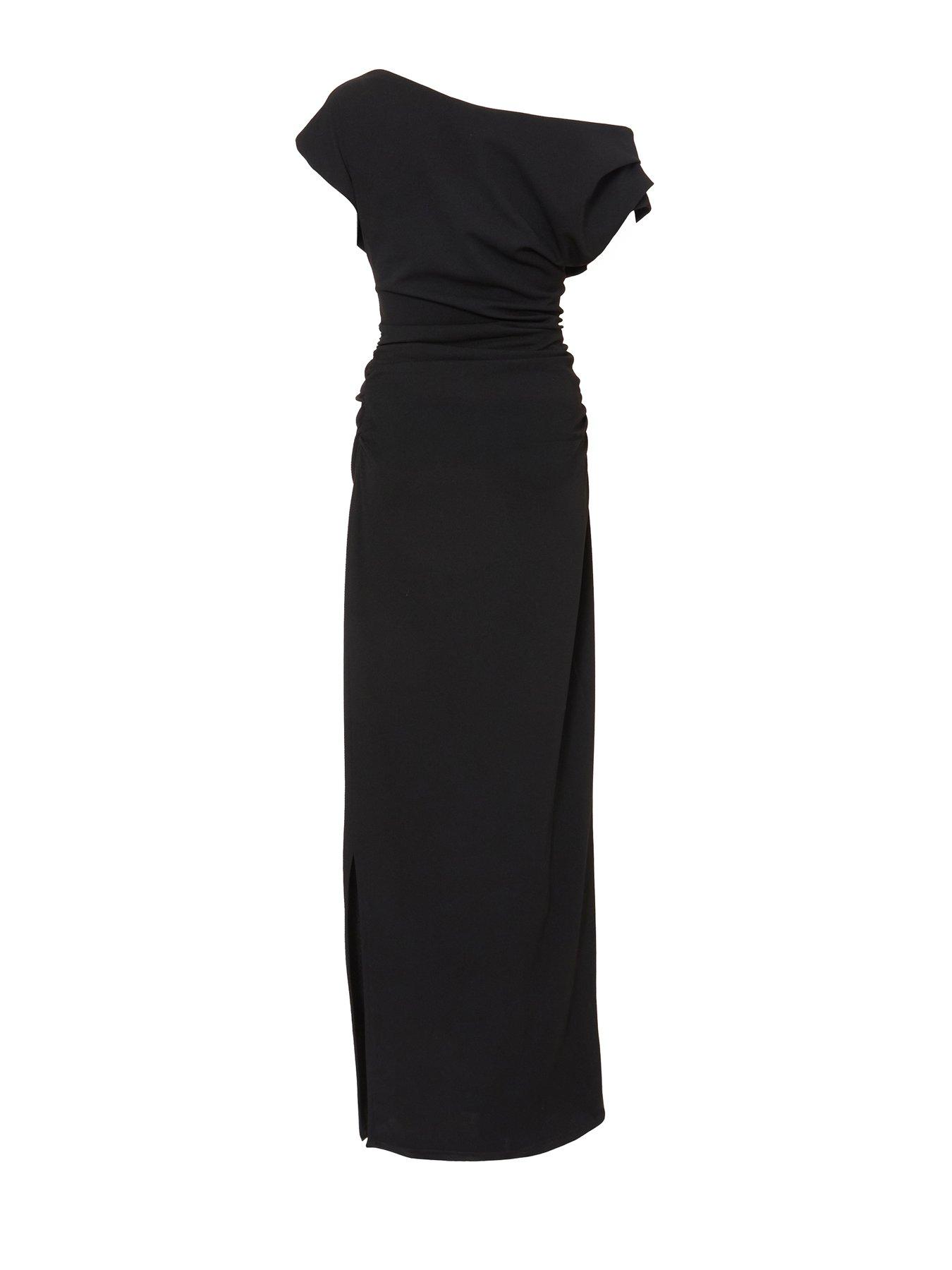  image of quiz-black-asymmetric-ruched-maxi-dress
