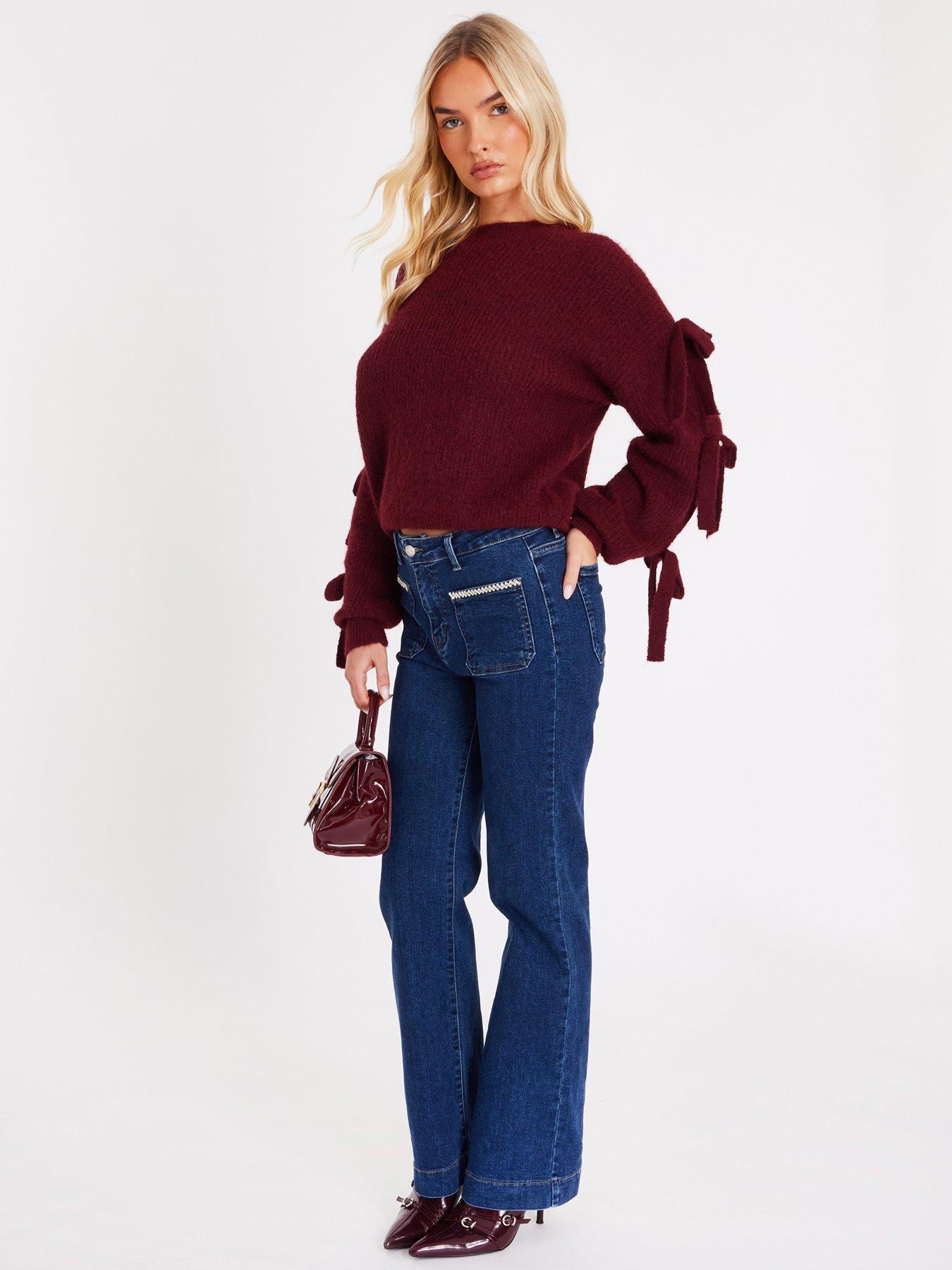  image of quiz-burgundy-bow-sleeve-jumper