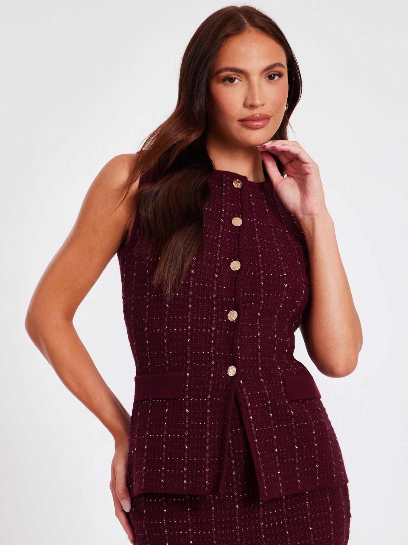 Quiz Dark Red Metallic Knit Waistcoat