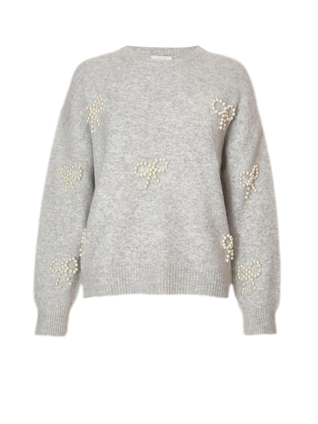 Image 4 of 6 of Quiz Grey Pearl Bow Jumper