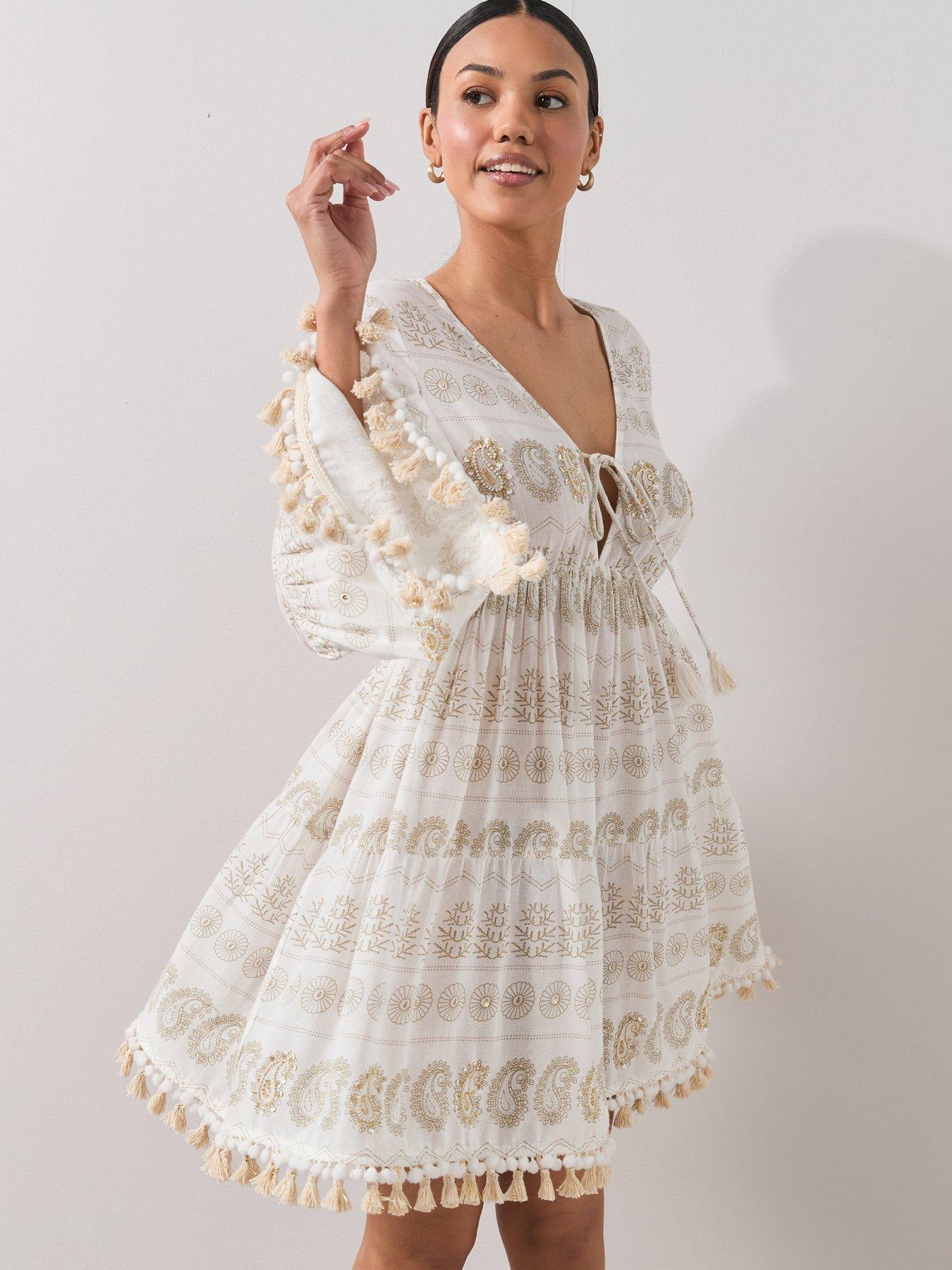 The Very Collection Paisley Sequin Tassel Beach Mini Dress - Cream
