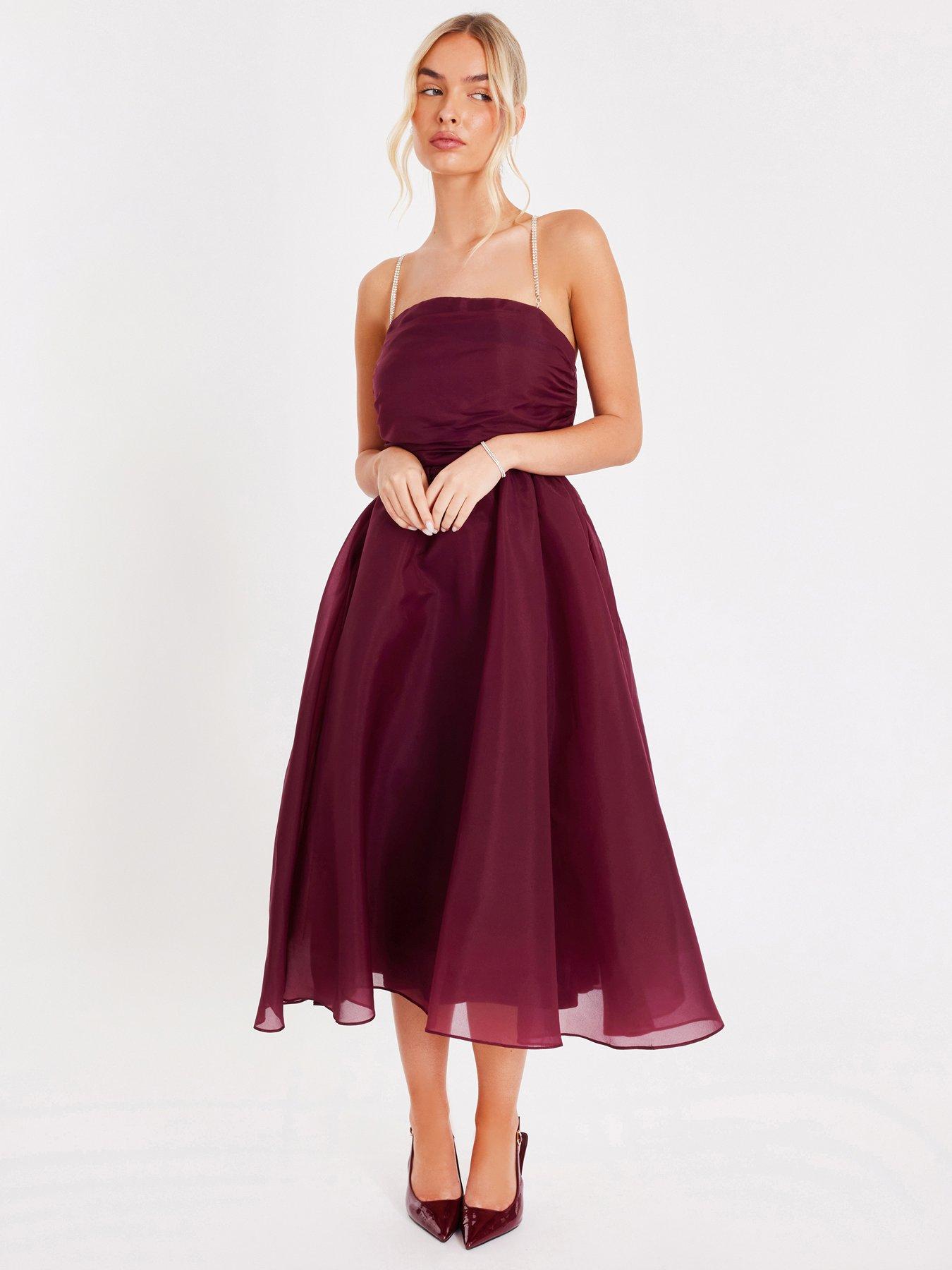 Quiz Burgundy Organza Midi Skater Dress