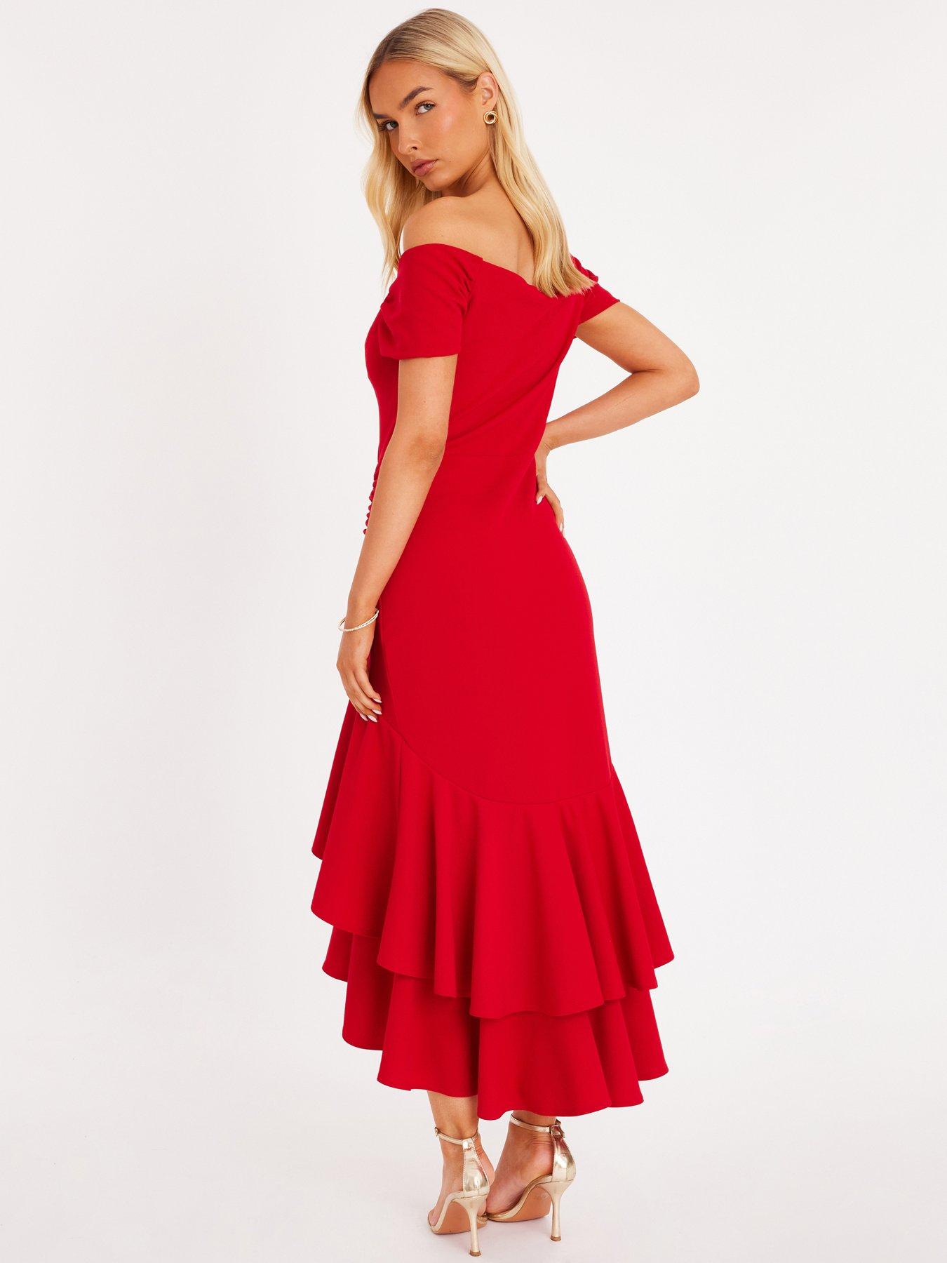  image of quiz-red-ruffle-hem-midaxi-dress