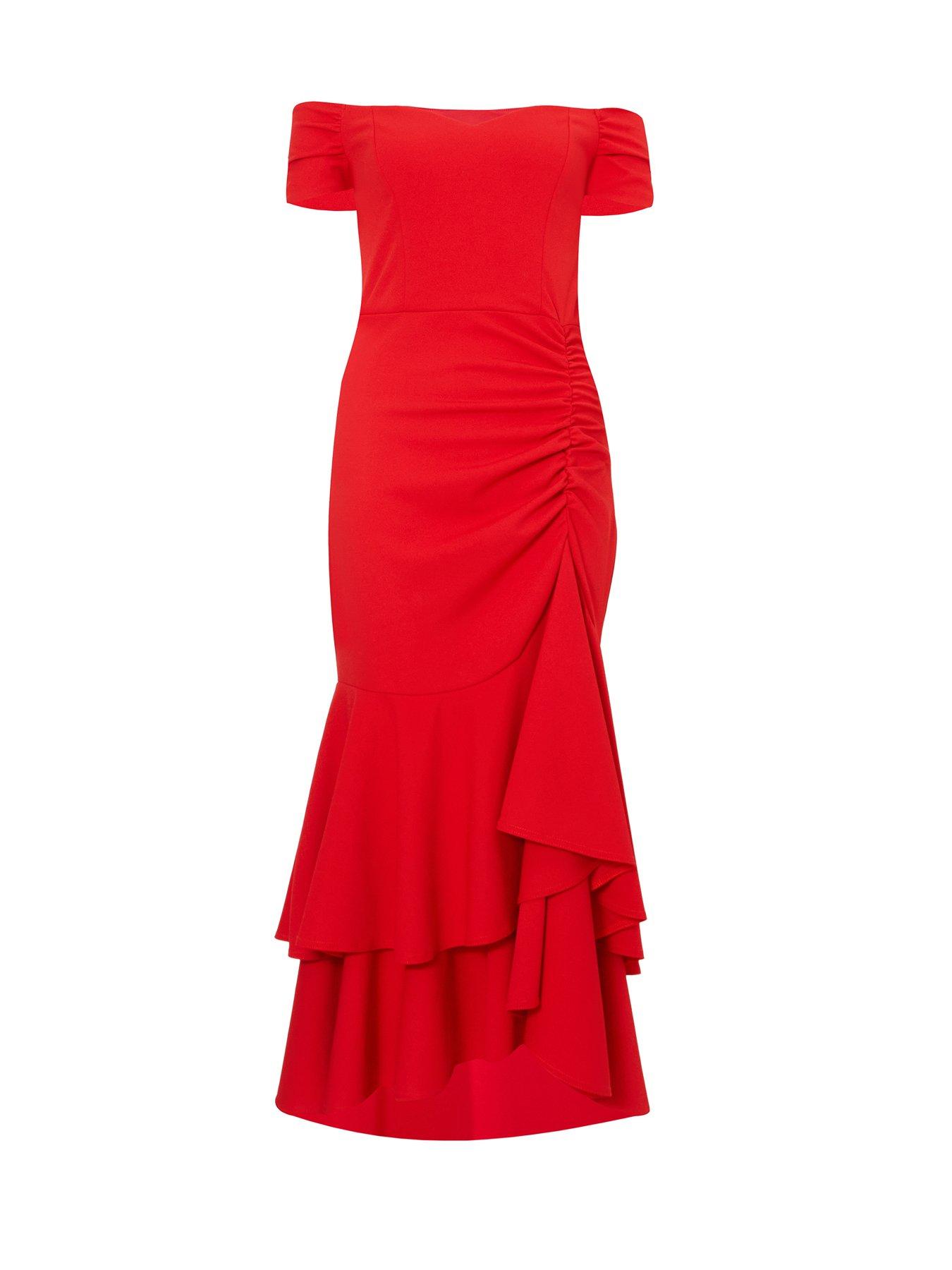  image of quiz-red-ruffle-hem-midaxi-dress