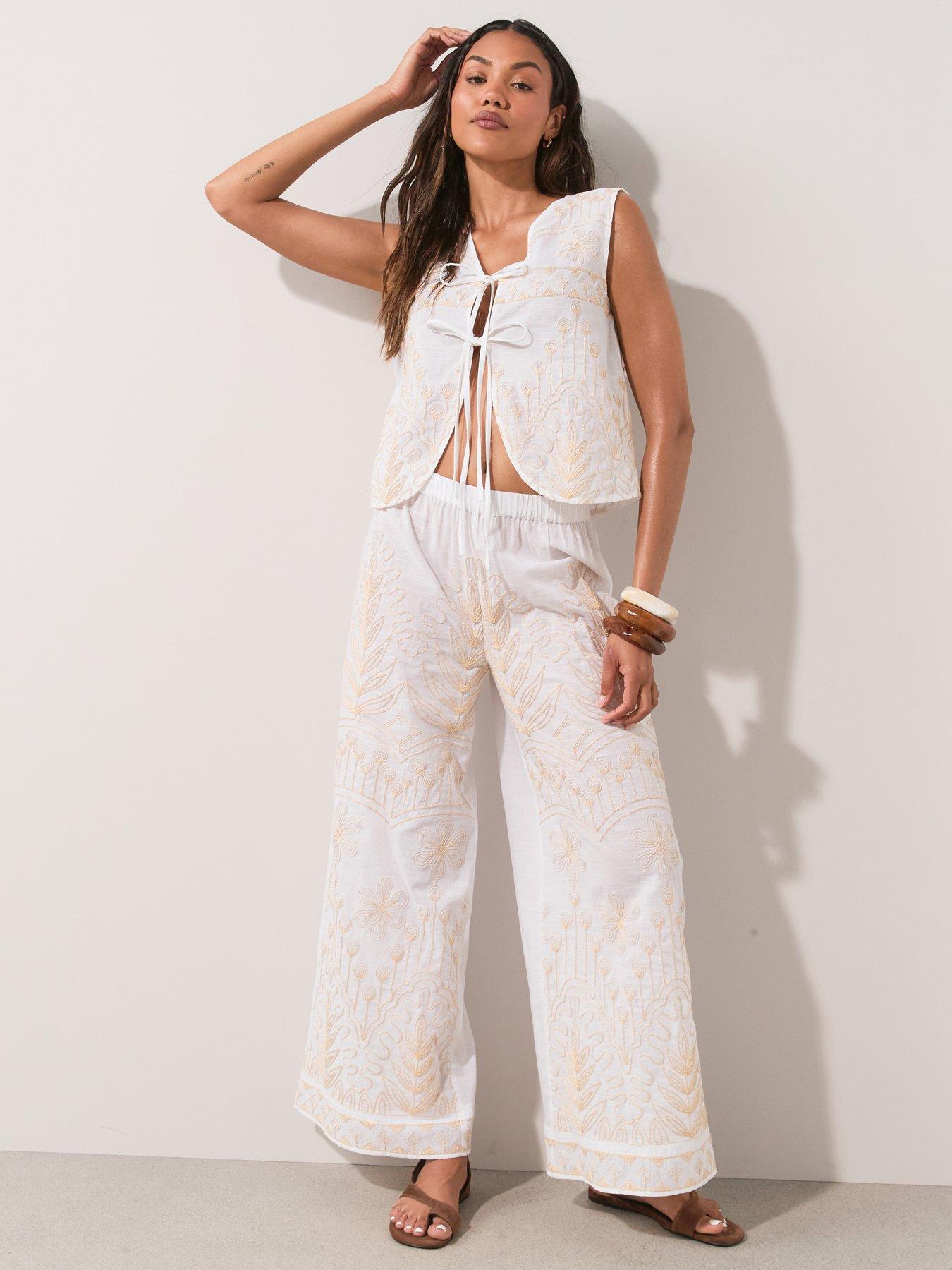 The Very Collection Embroidered Lurex Co Ord Trousers - White