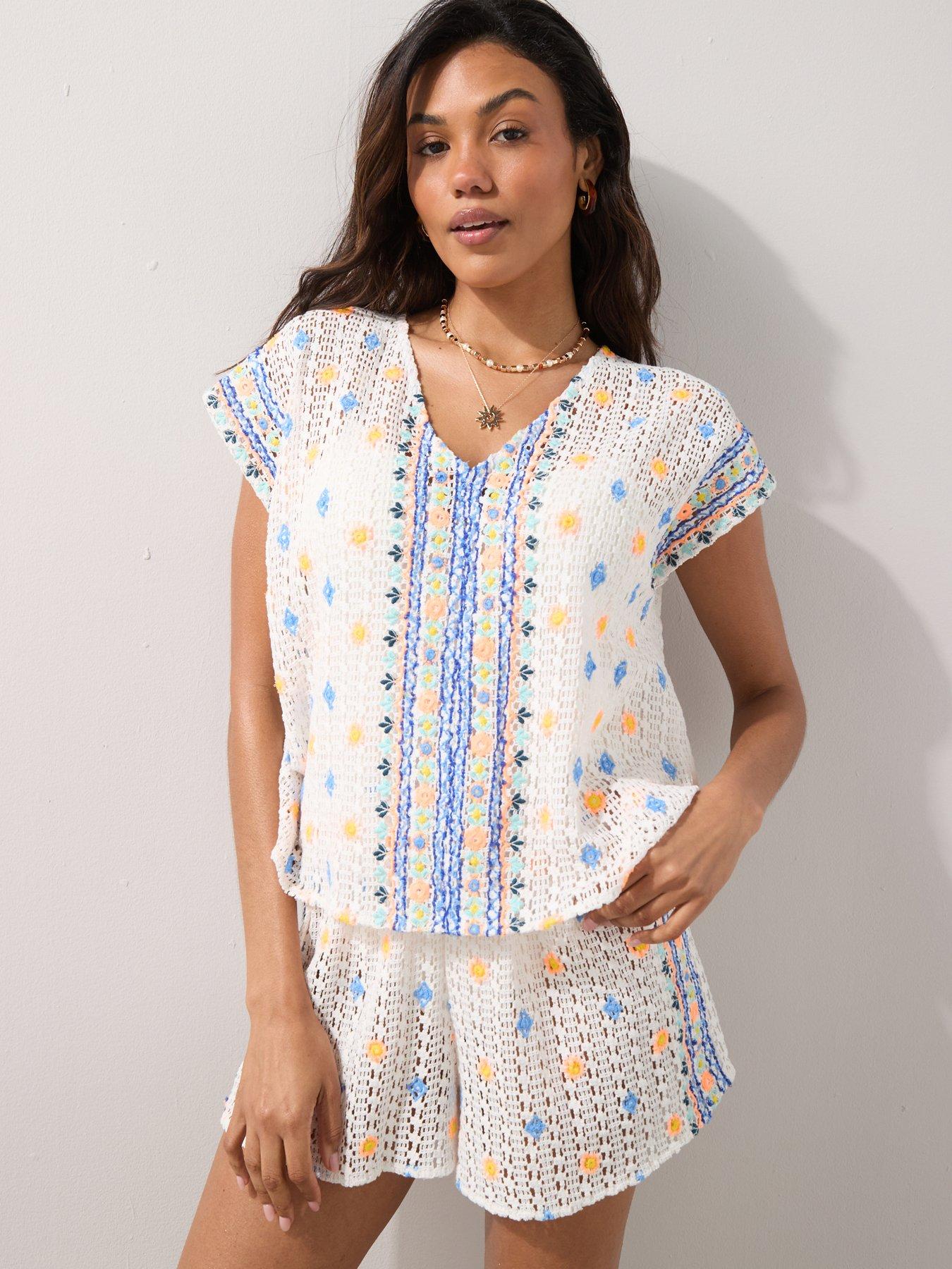 The Very Collection Crochet Embroidered Beach Co Ord Top