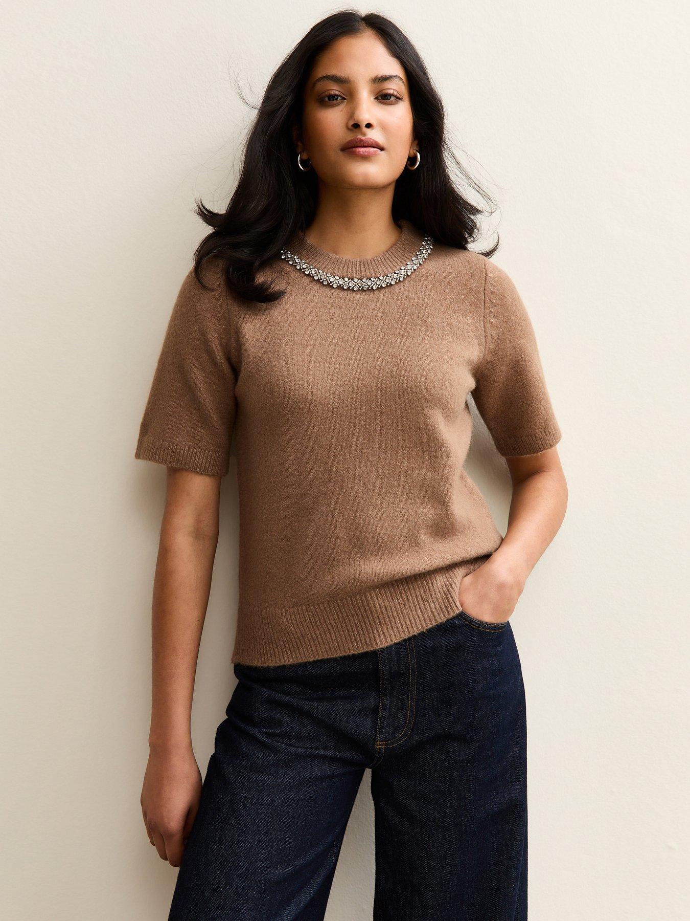 Image 1 of 6 of New Look Camel Embellished Neck Short Sleeve Top