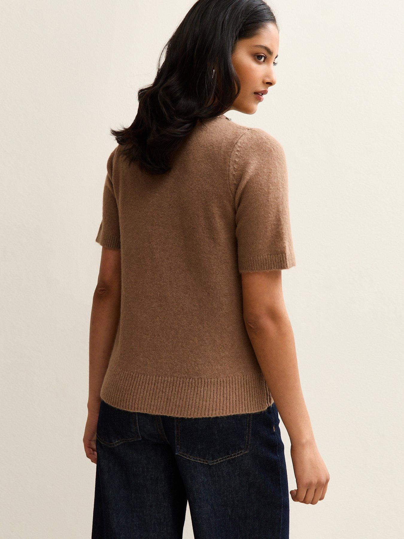 stillFront image of new-look-embellished-neck-short-sleeve-top-camel