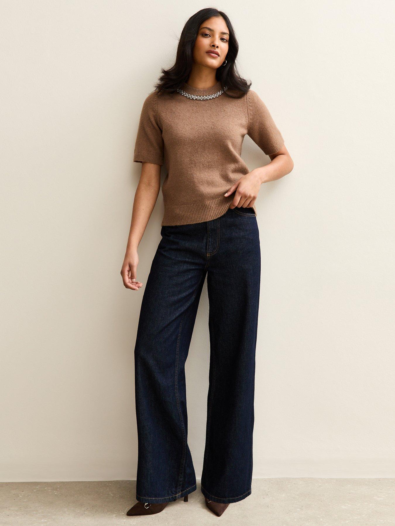  image of new-look-embellished-neck-short-sleeve-top-camel