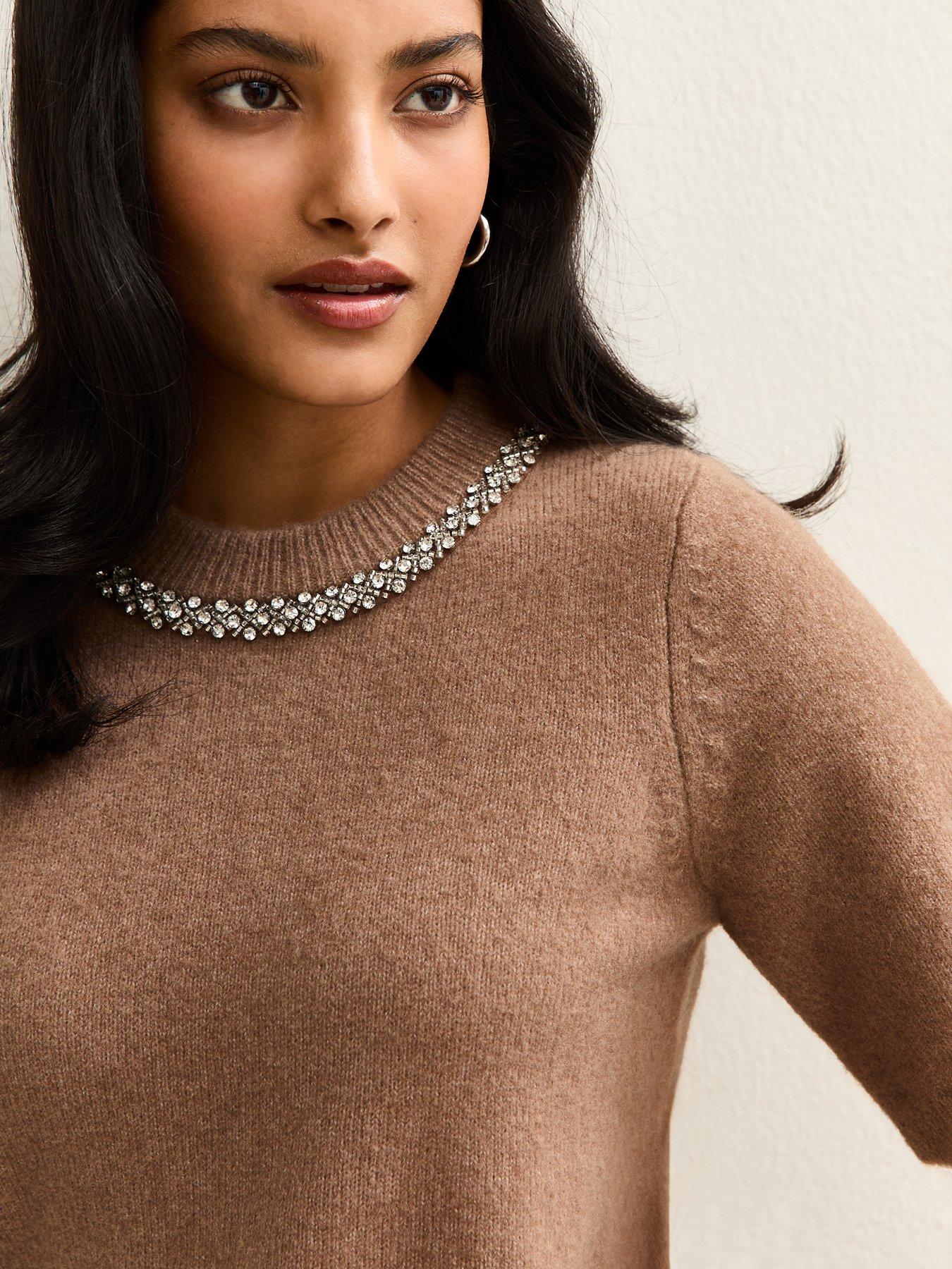  image of new-look-embellished-neck-short-sleeve-top-camel