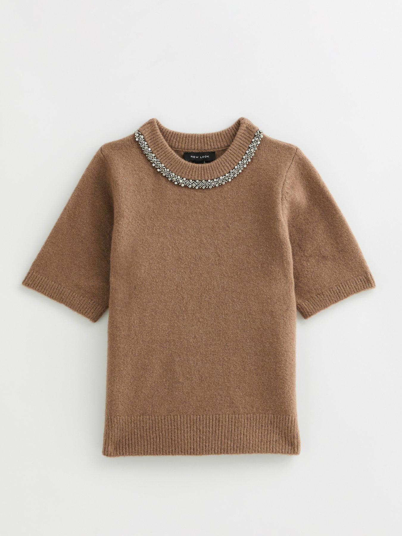 Image 5 of 6 of New Look Camel Embellished Neck Short Sleeve Top