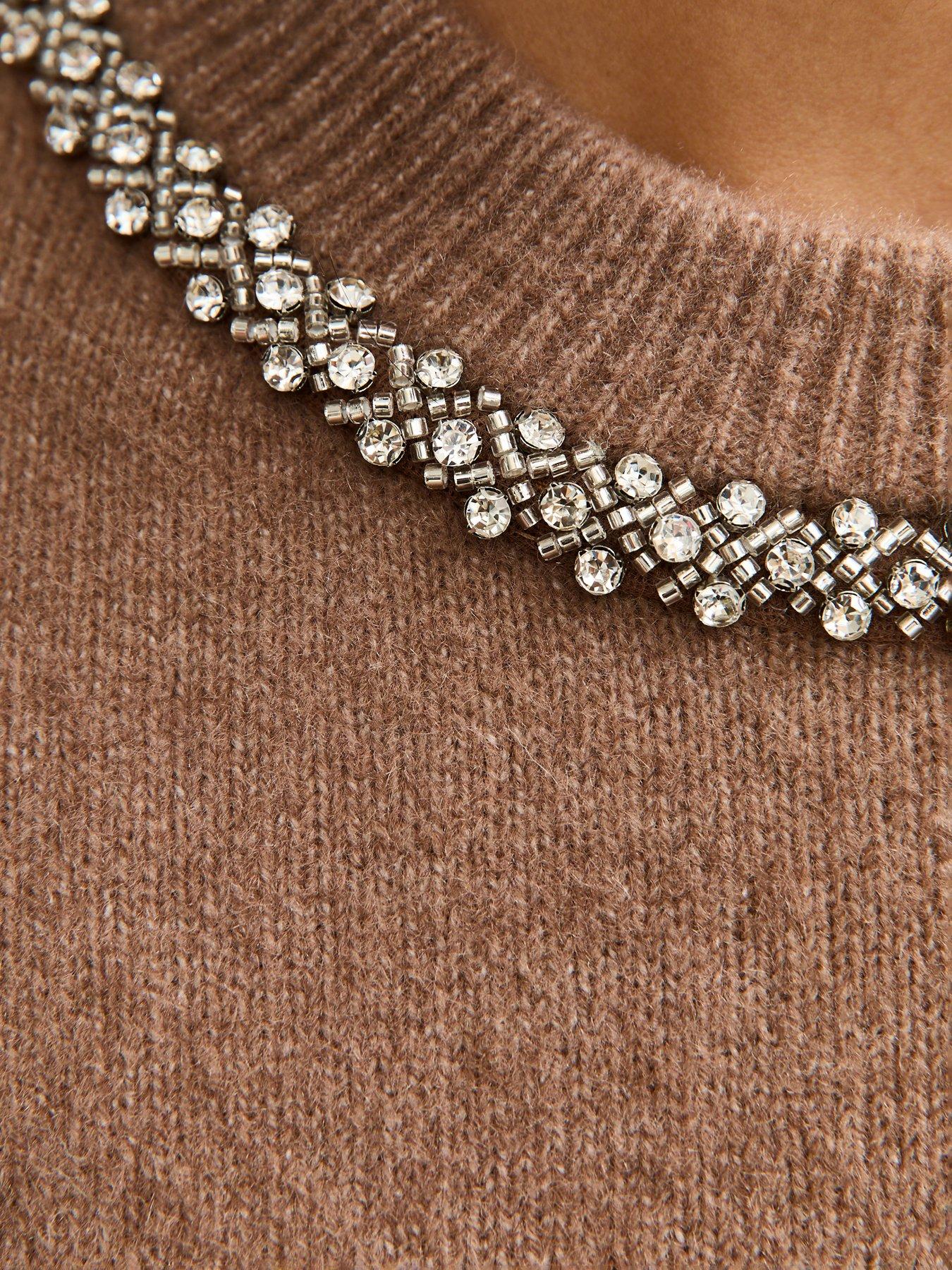  image of new-look-embellished-neck-short-sleeve-top-camel