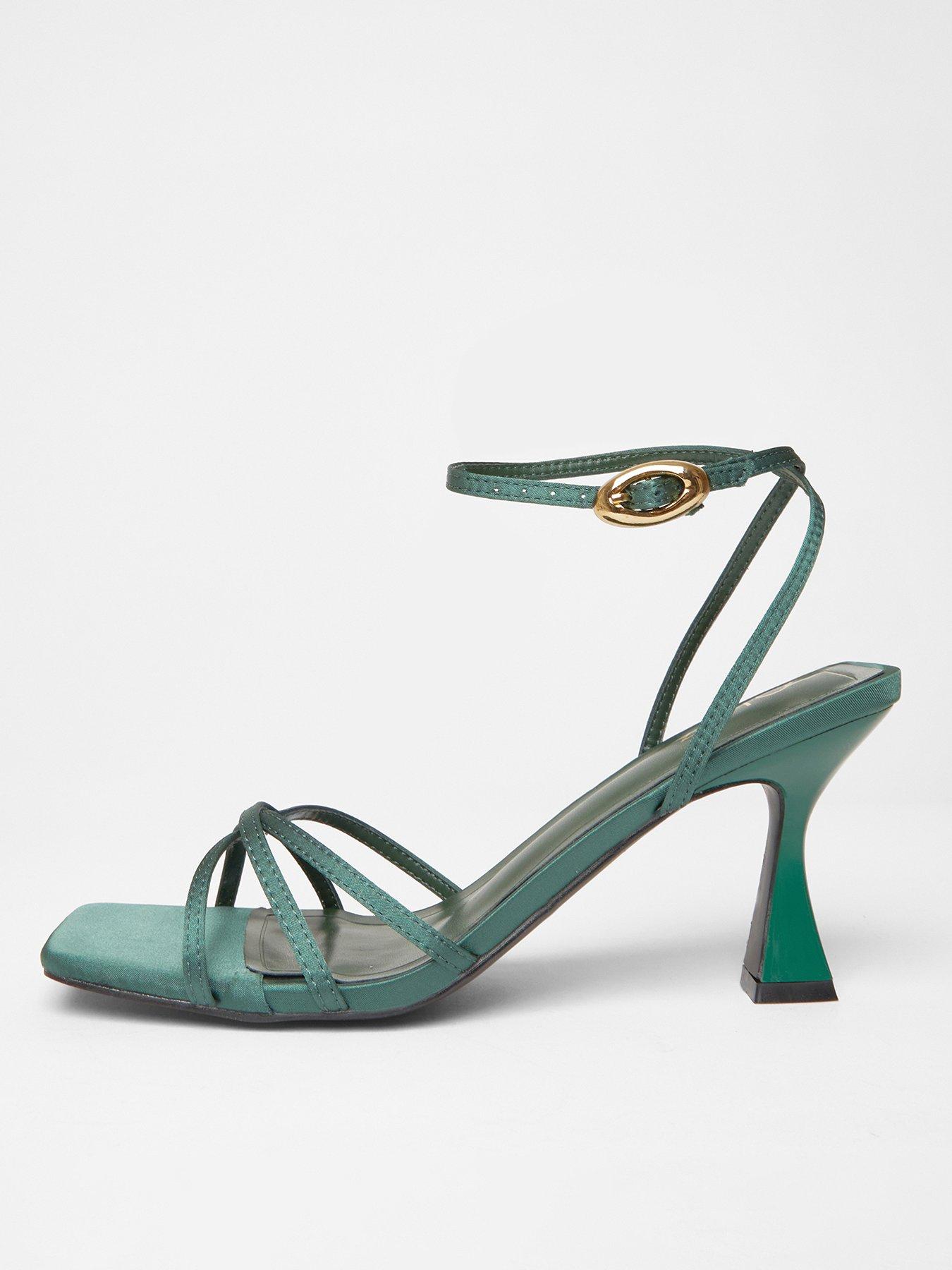 Image 1 of 5 of Quiz Bottle Green Satin Strappy Flared Heels