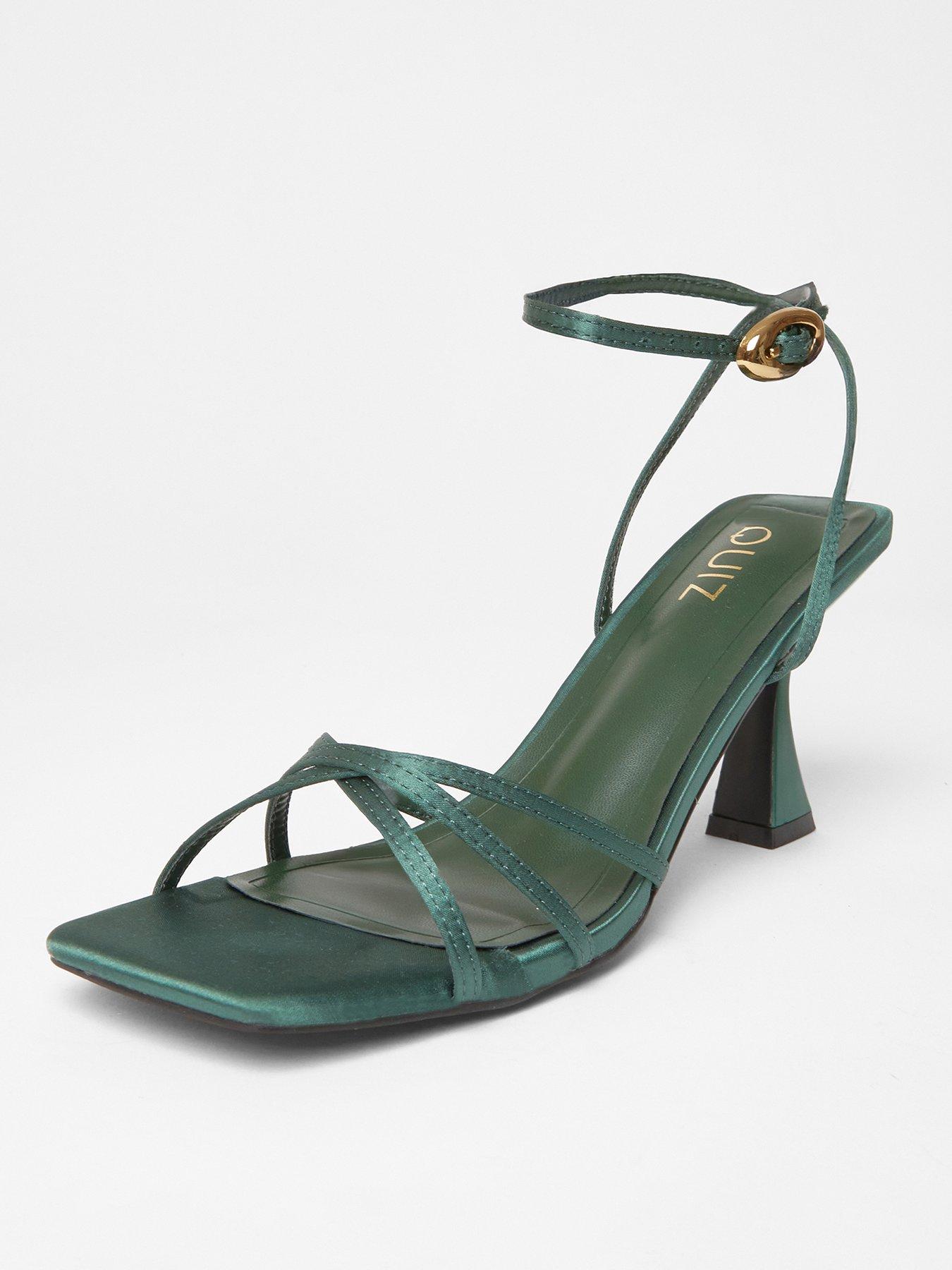 Image 2 of 5 of Quiz Bottle Green Satin Strappy Flared Heels