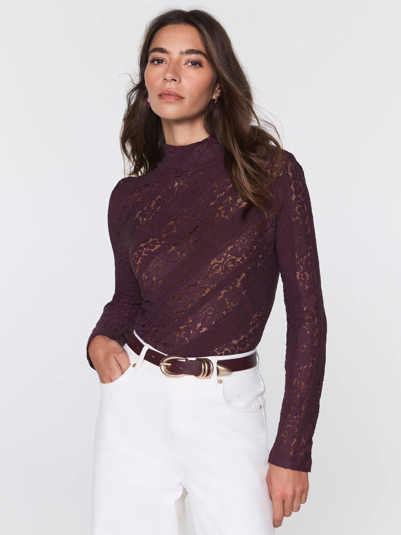 Image 3 of 6 of Mint Velvet Burgundy Lace High Neck Top