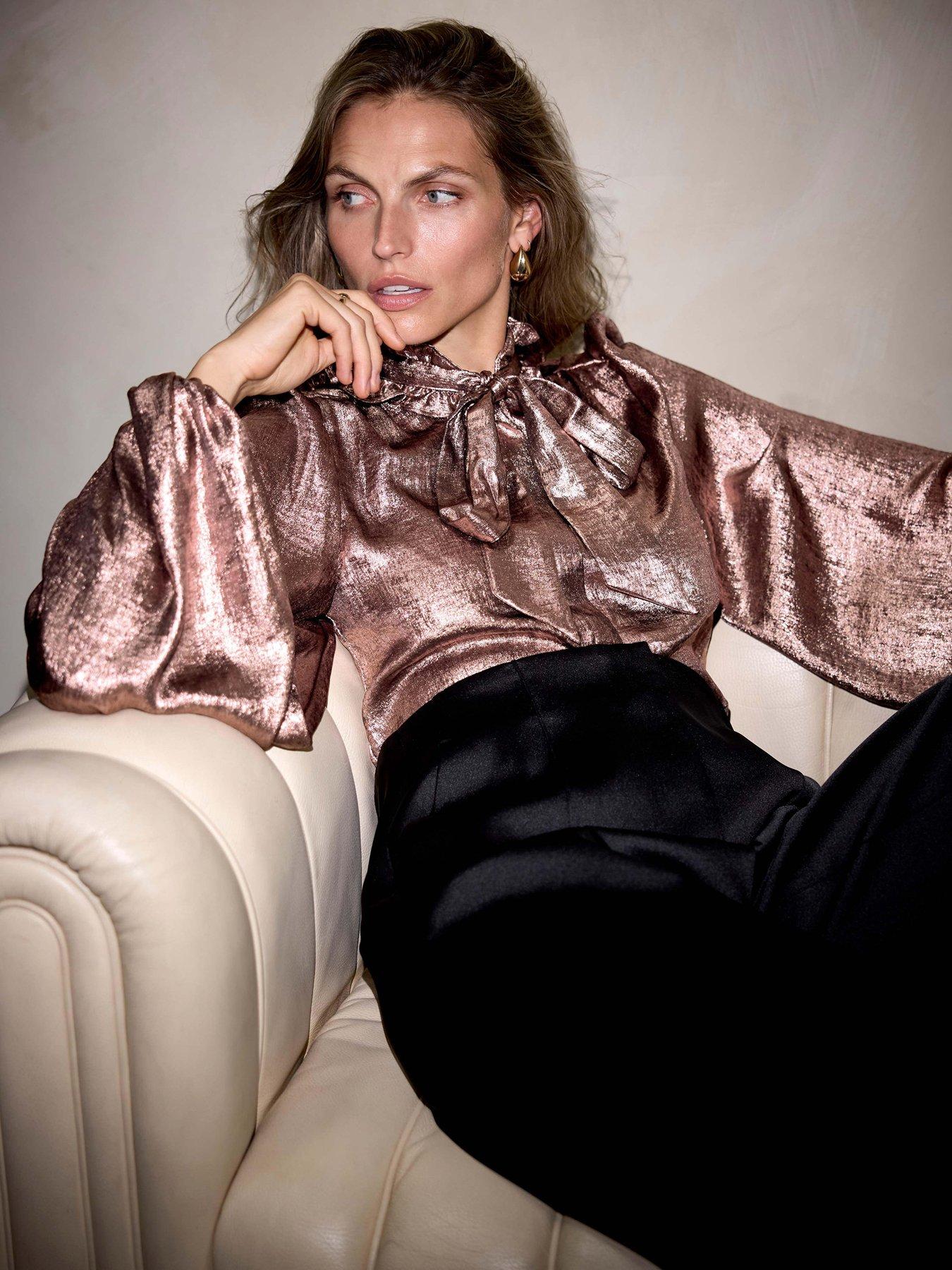 stillFront image of mint-velvet-pink-metallic-bow-neck-blouse