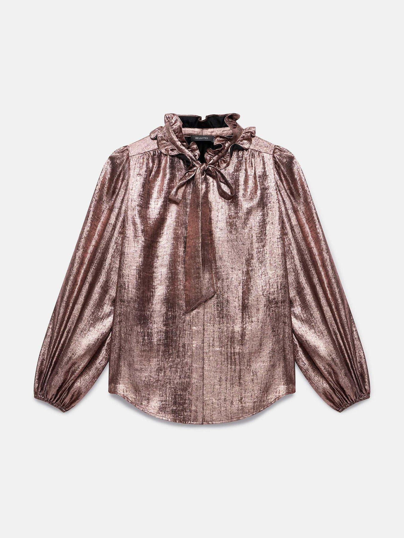  image of mint-velvet-pink-metallic-bow-neck-blouse