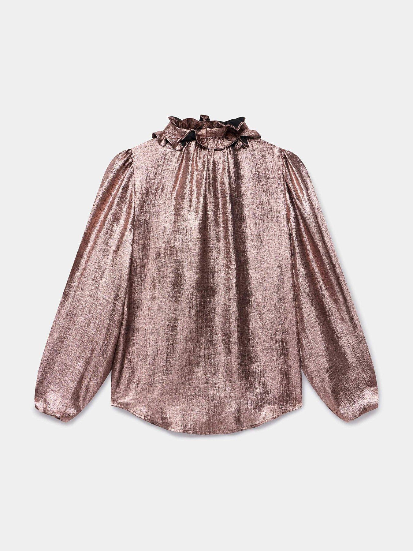 image of mint-velvet-pink-metallic-bow-neck-blouse