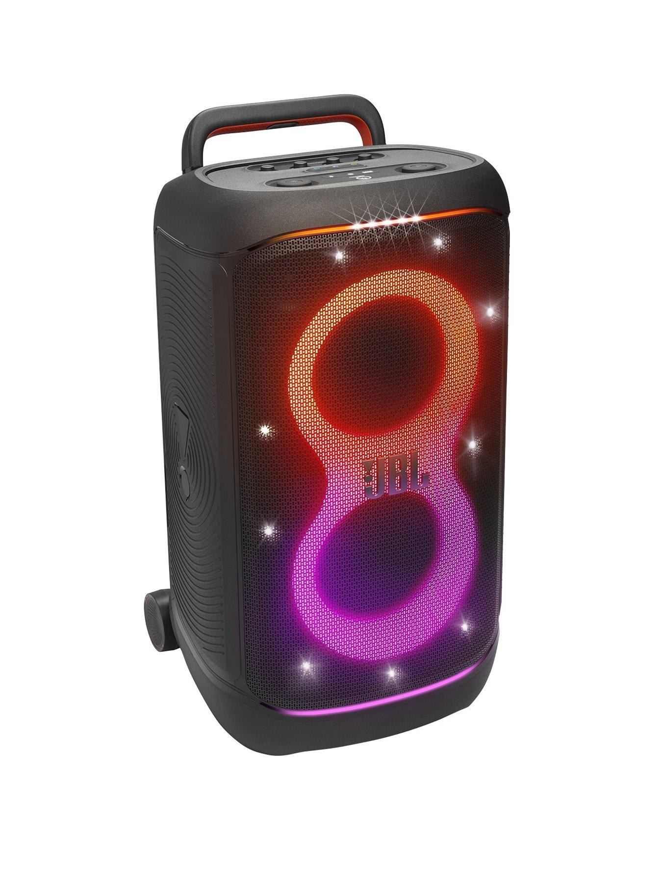 JBL Powerful 400W portable Party speaker with replacable 6-cell battery, wheels and telescopic handle.