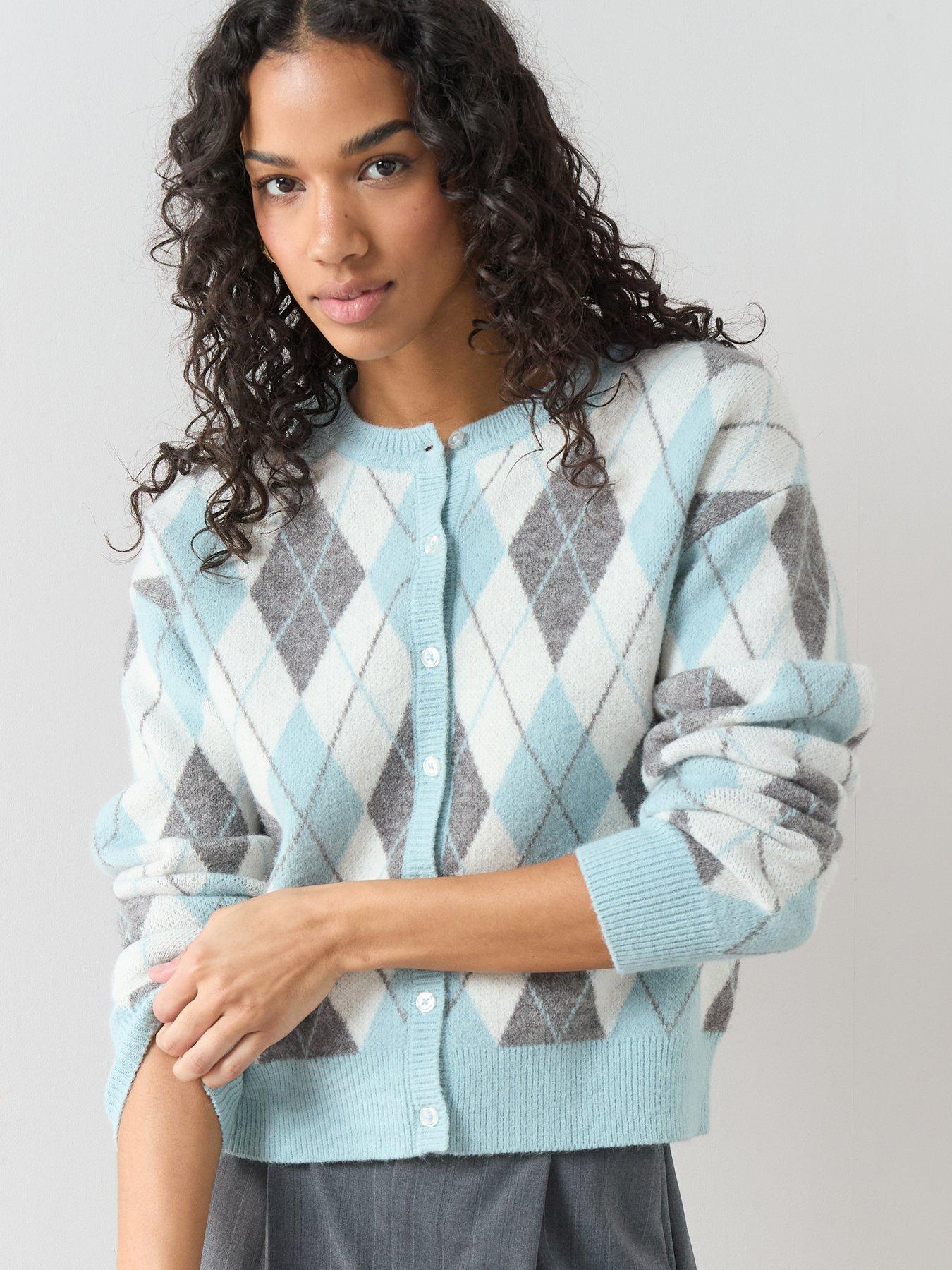 The Very Collection Crew Neck Argyle Long Sleeve Cardigan - Multi