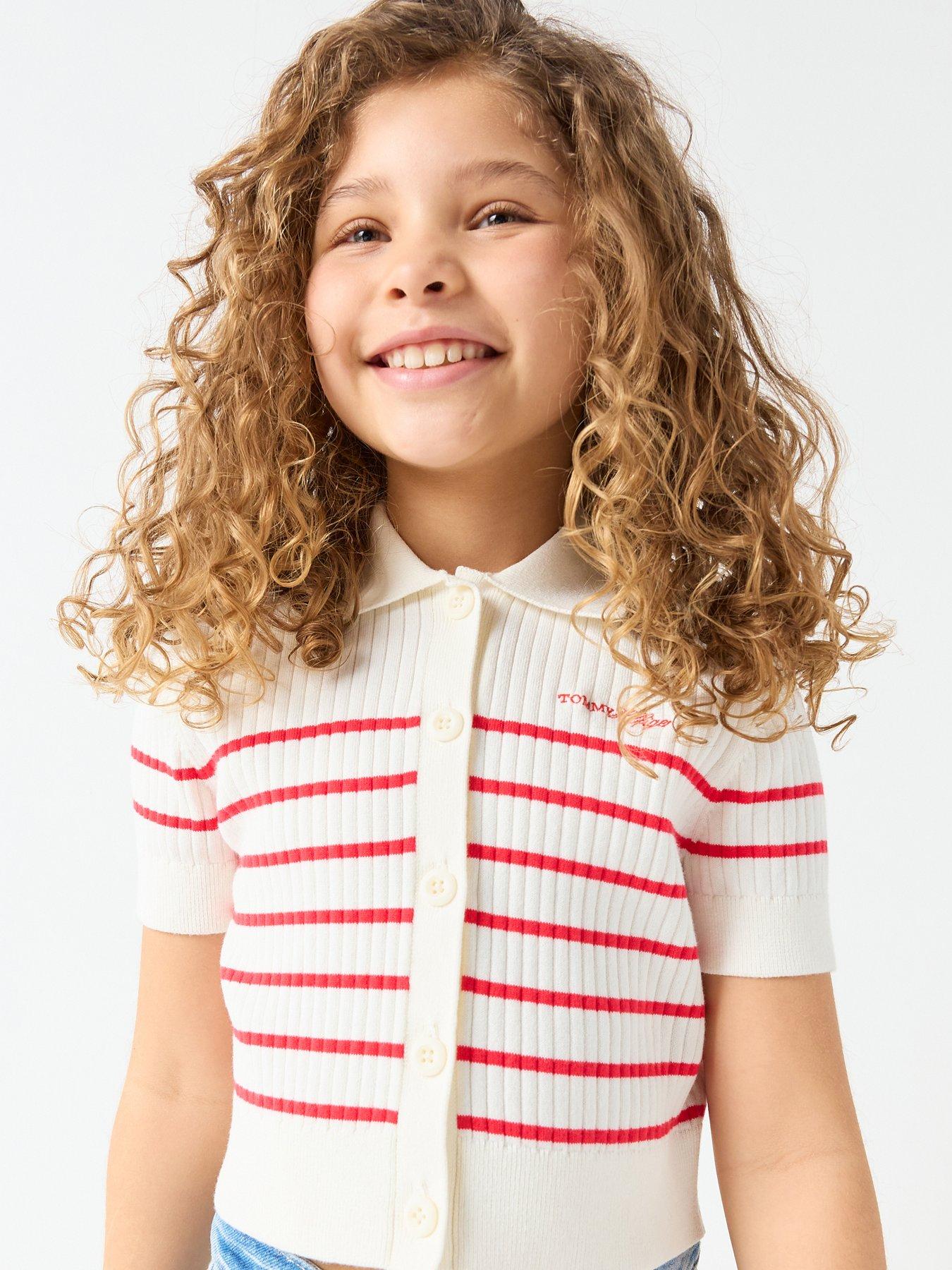 Tommy Hilfiger Girls Sweater Rib Short Sleeve Polo Shirt - Red/White