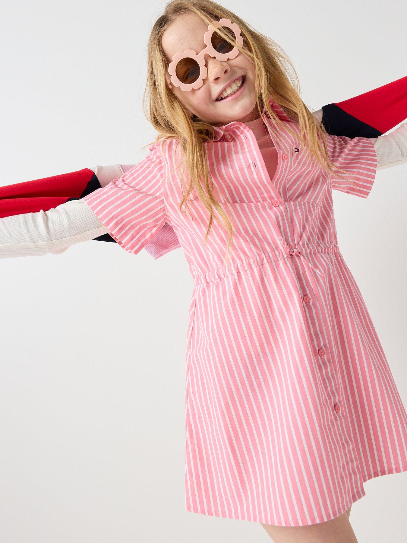 Tommy Hilfiger Girls Short Sleeve Striped Shirt Dress - Pink