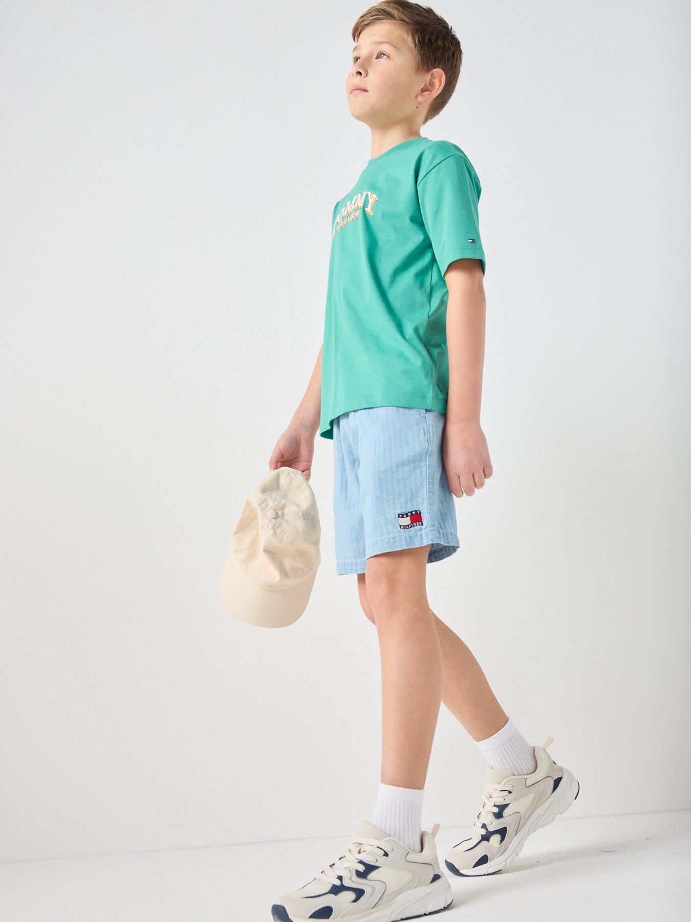 front image of tommy-hilfiger-boys-wavy-flag-herringbone-short-blue