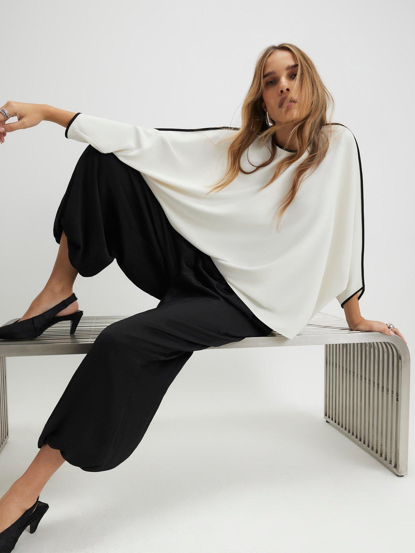 River Island Long Sleeve Tipped Batwing T-shirt - Cream
