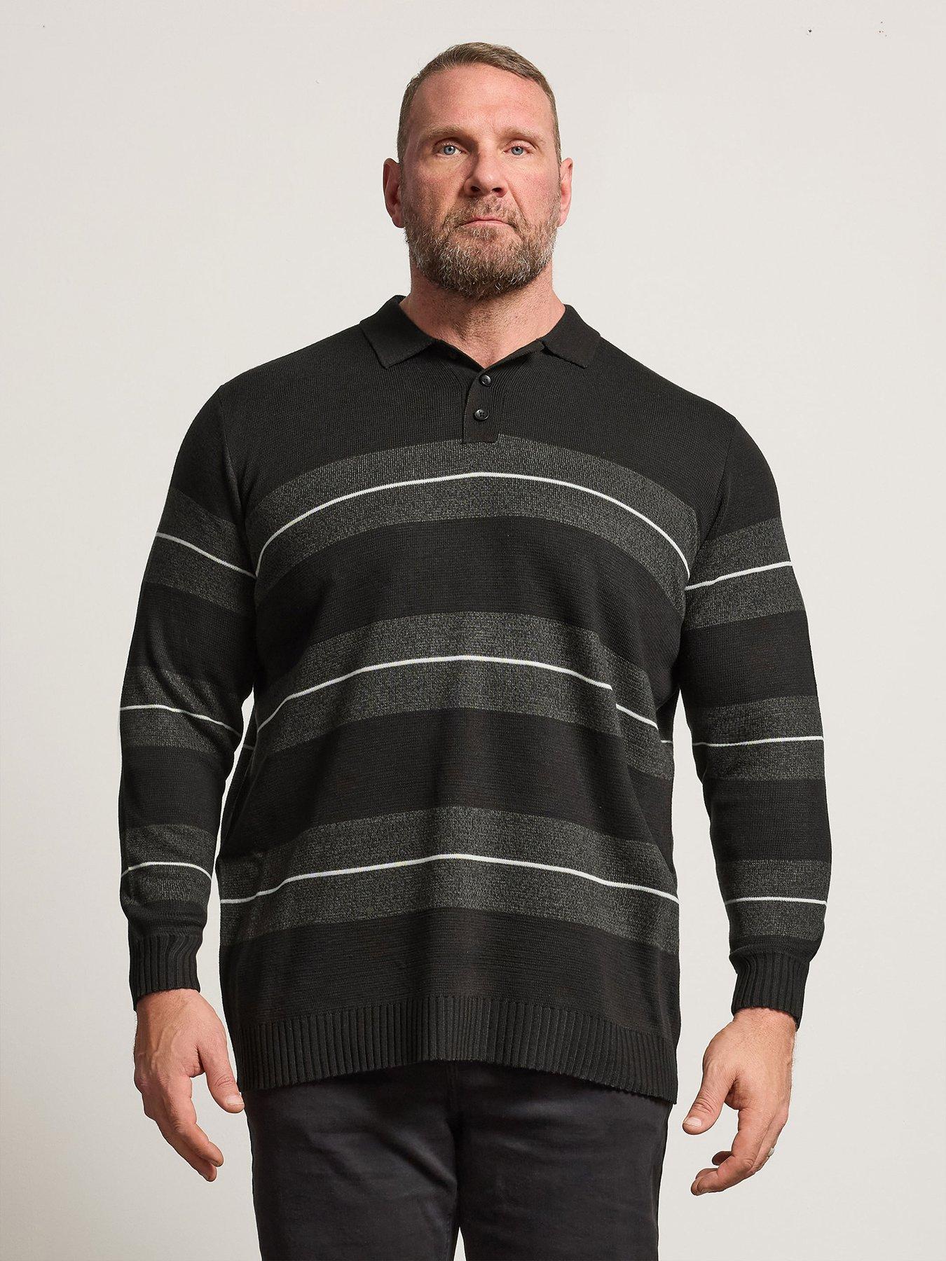 front image of badrhino-long-sleeve-stripe-knit-polo-shirt-black