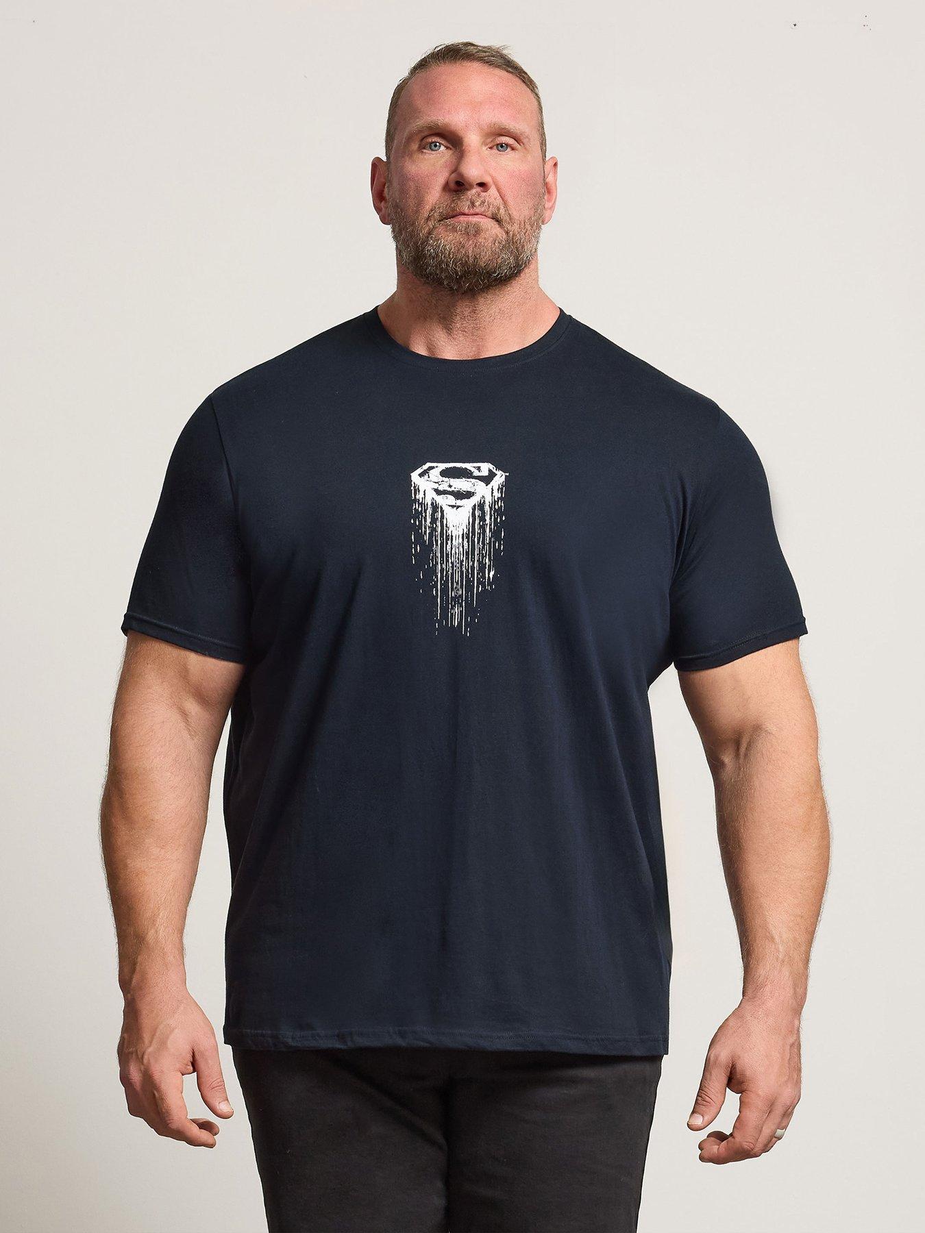 front image of badrhino-superman-back-and-front-t-shirt-blue