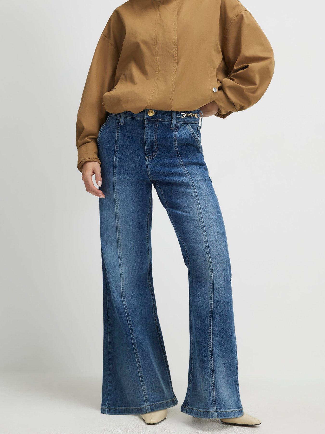 River Island Petite High Rise Wide Snaffle Flare Jeans - Blue