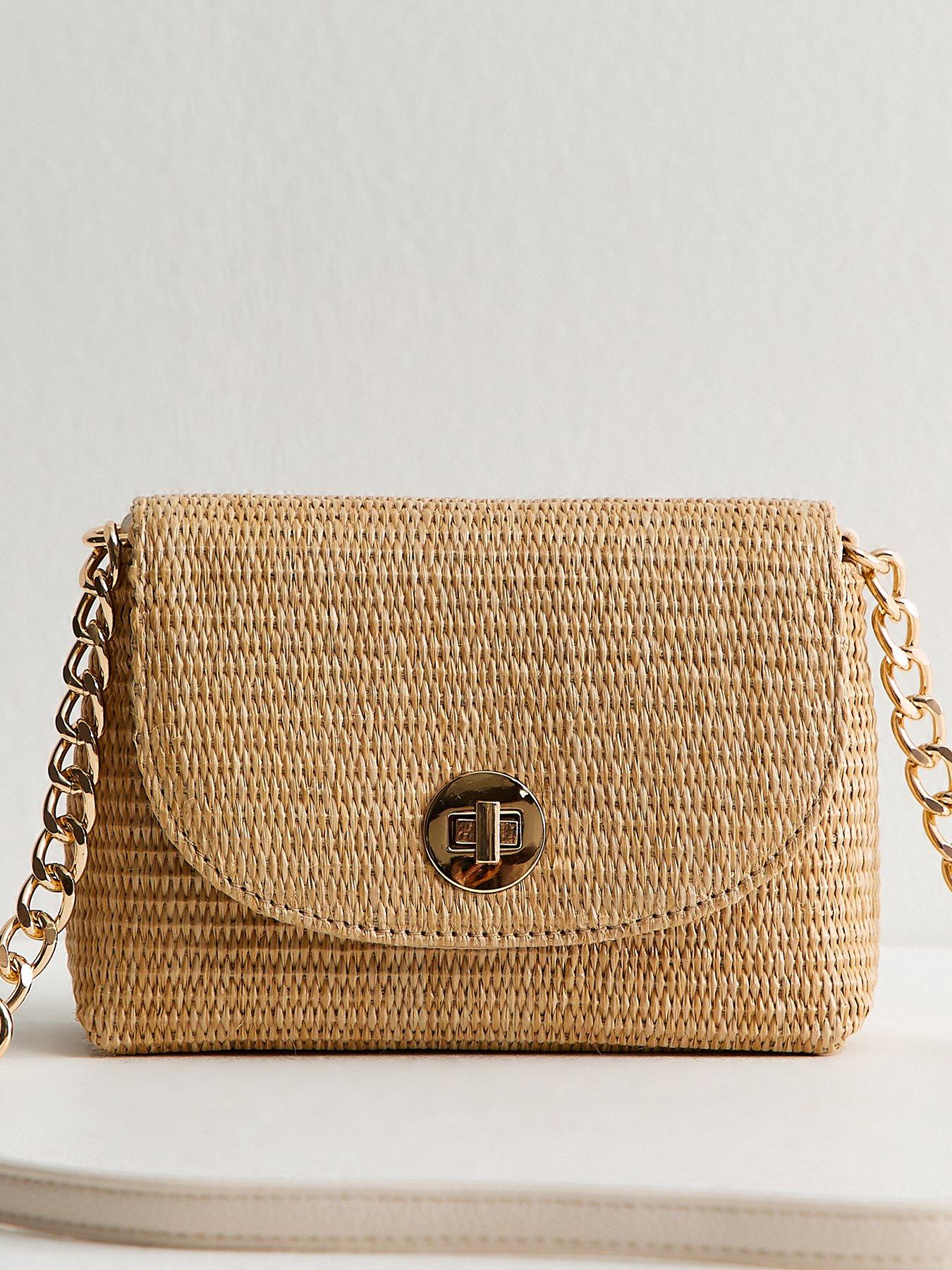 New Look Stone Raffia Turn Lock Cross Body Bag - Beige