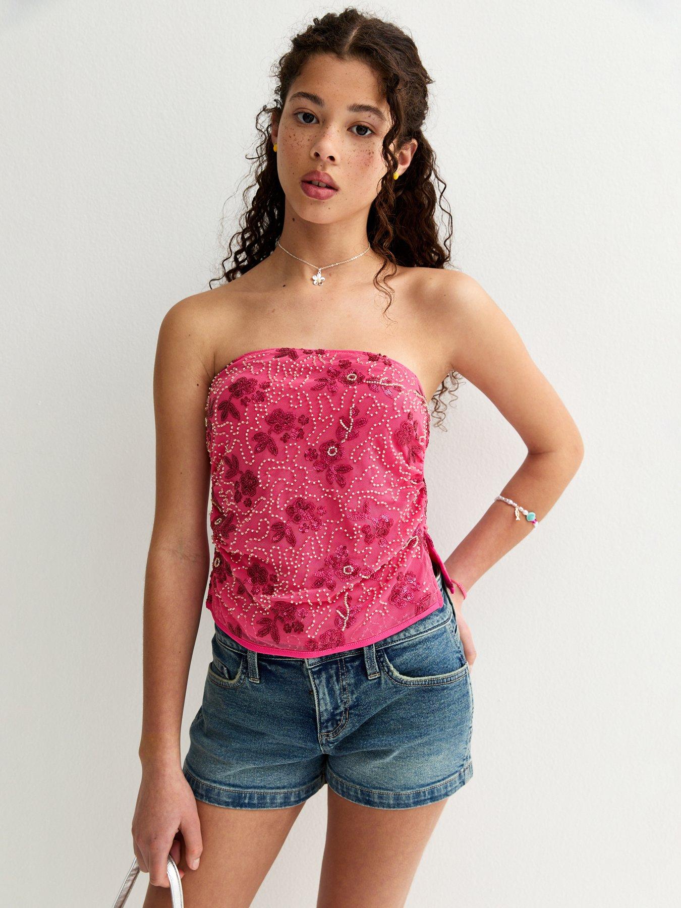 New Look 915 Mesh Sequin Bandeau Top - Pink