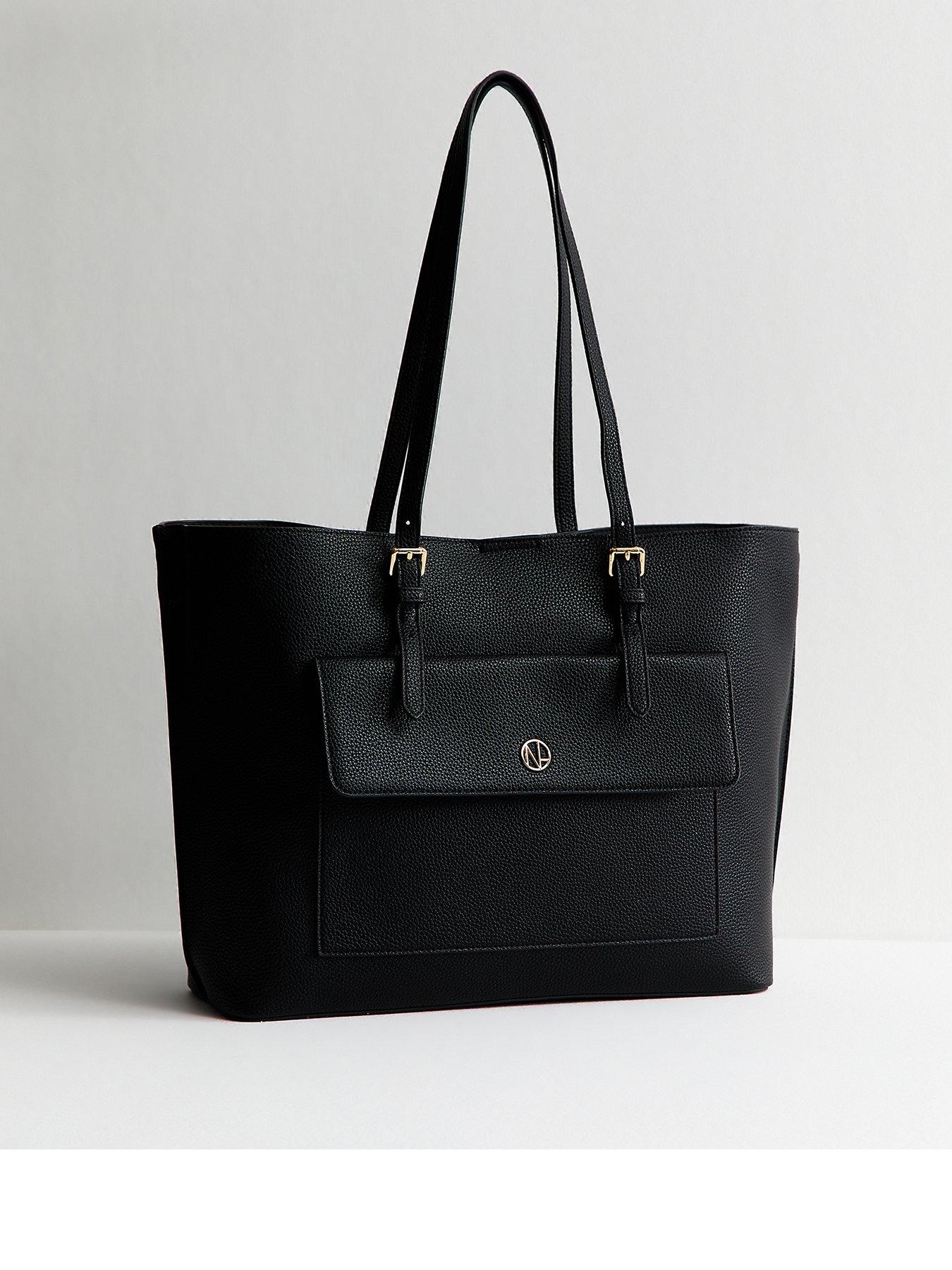 New Look Textured Faux Leather Front Pocket Tote Bag - Black