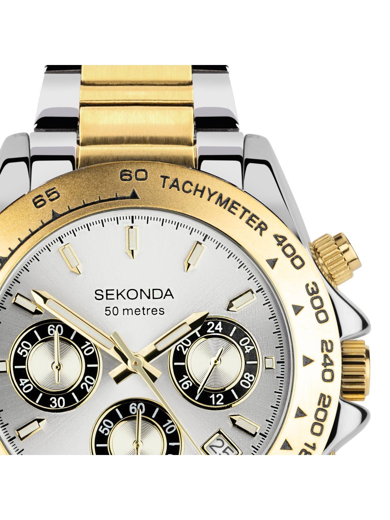  image of sekonda-mens-circuit-two-tone-stainless-steel-bracelet-with-silver-dial-chronograph-watch