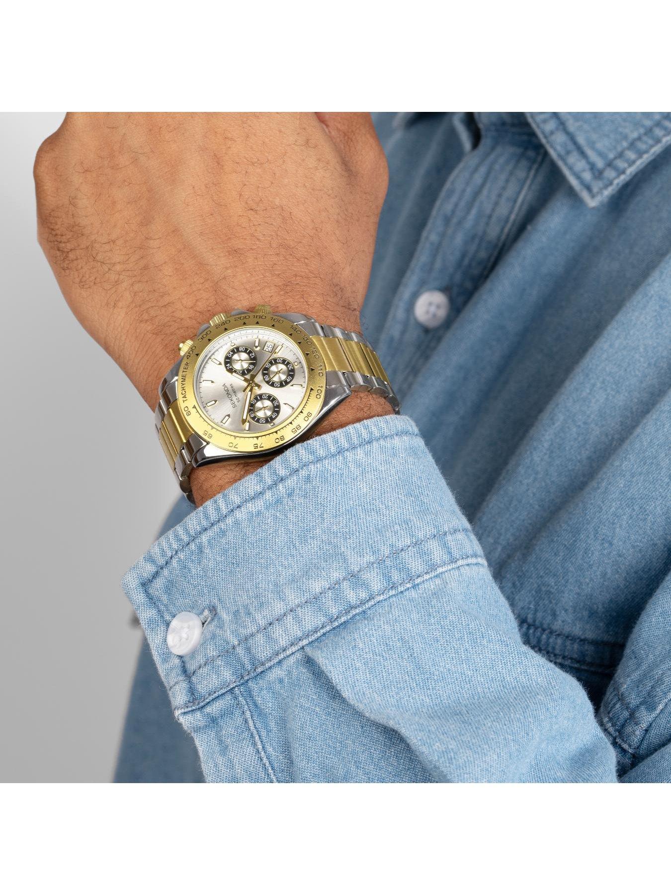  image of sekonda-mens-circuit-two-tone-stainless-steel-bracelet-with-silver-dial-chronograph-watch
