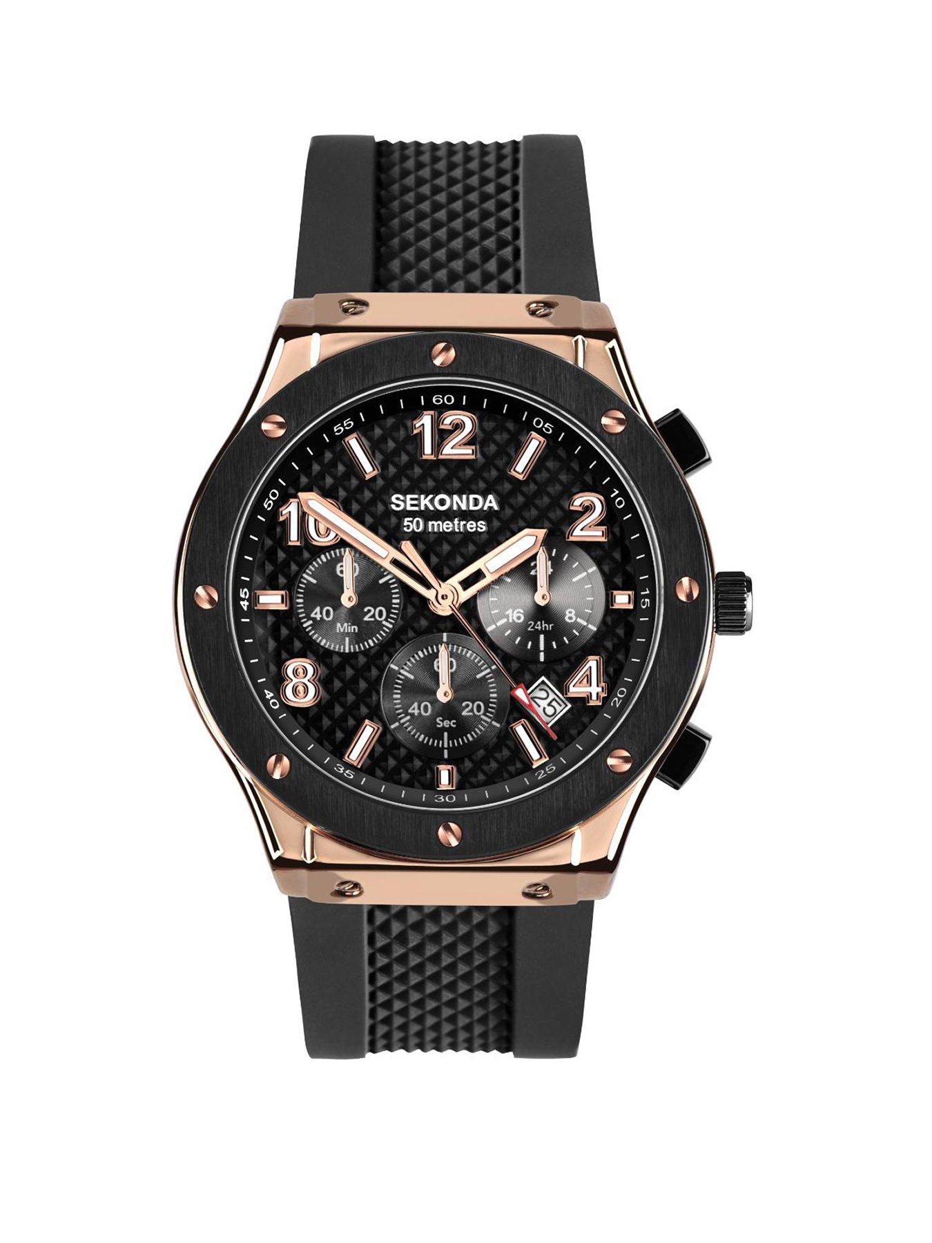  image of sekonda-mens-titan-black-silicone-bracelet-with-black-dial-chronograph-watch