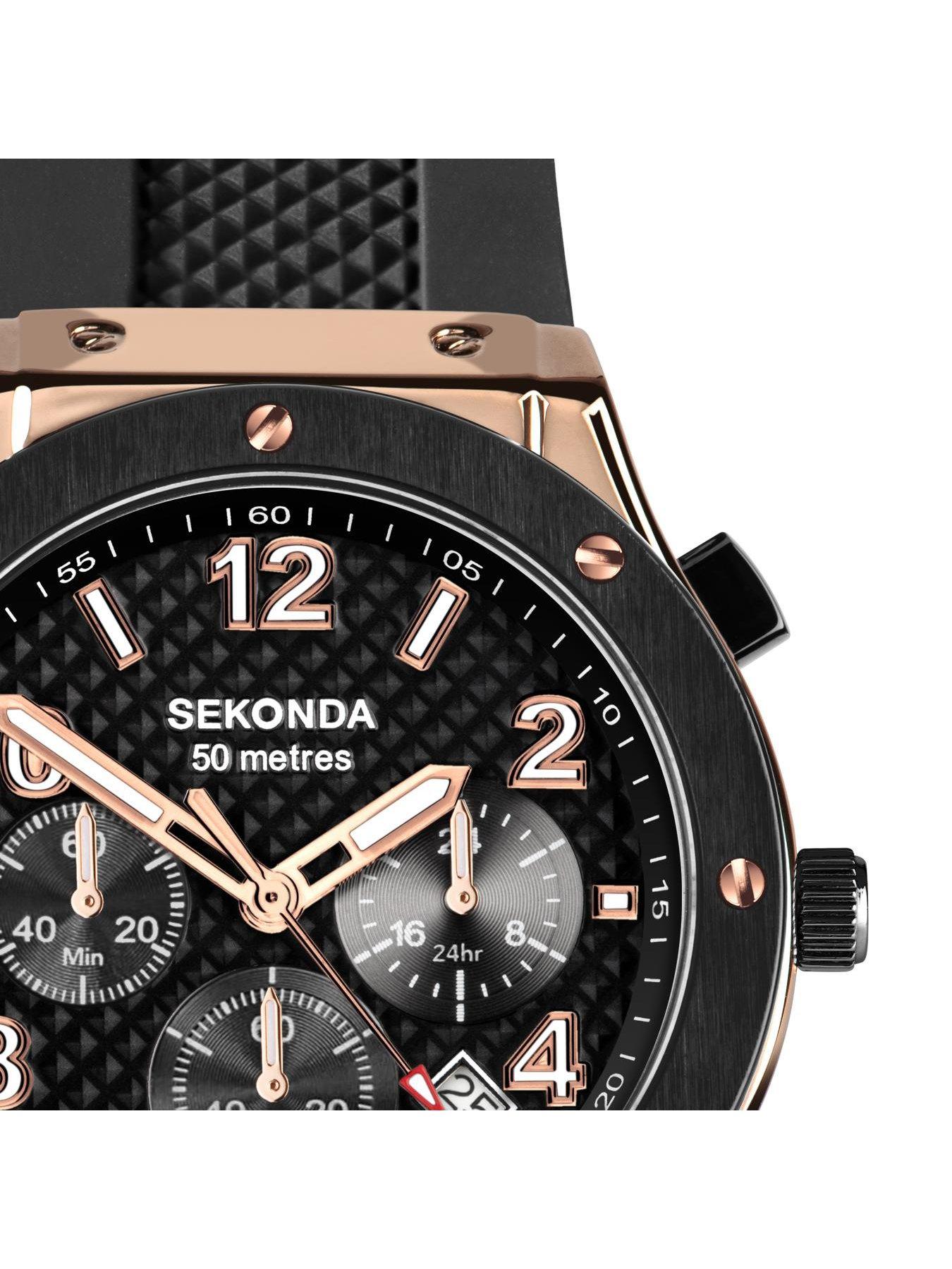 image of sekonda-mens-titan-black-silicone-bracelet-with-black-dial-chronograph-watch