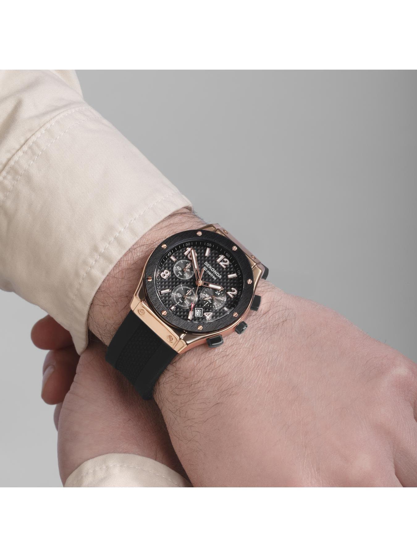  image of sekonda-mens-titan-black-silicone-bracelet-with-black-dial-chronograph-watch