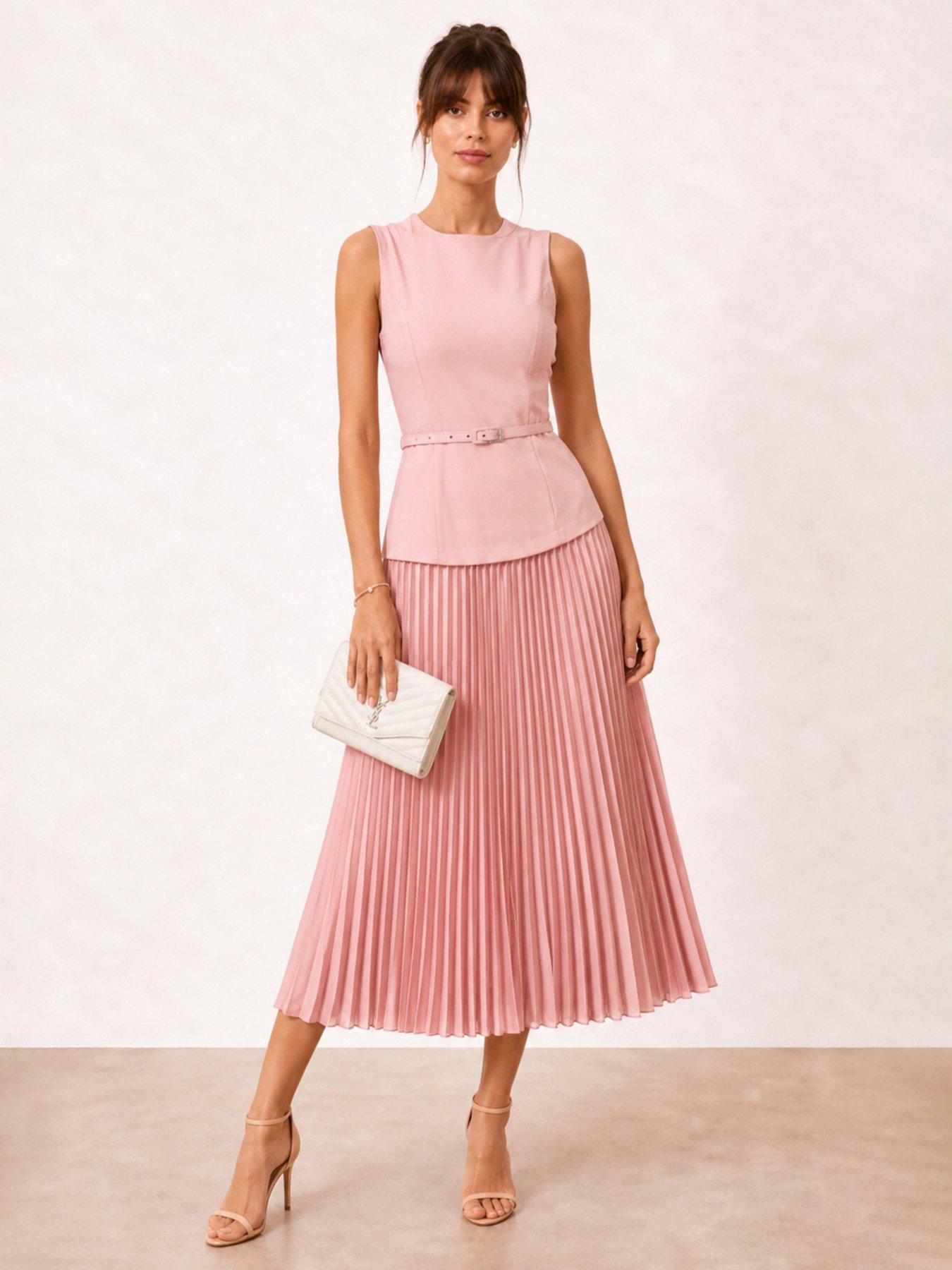 Style Cheat Belted Pleated Dress - Pink