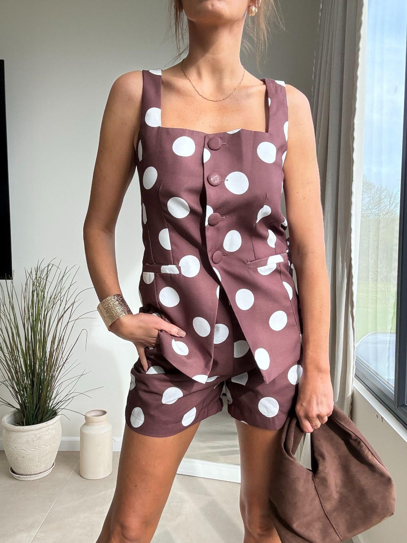 front image of style-cheat-co-ord-spot-top-brown