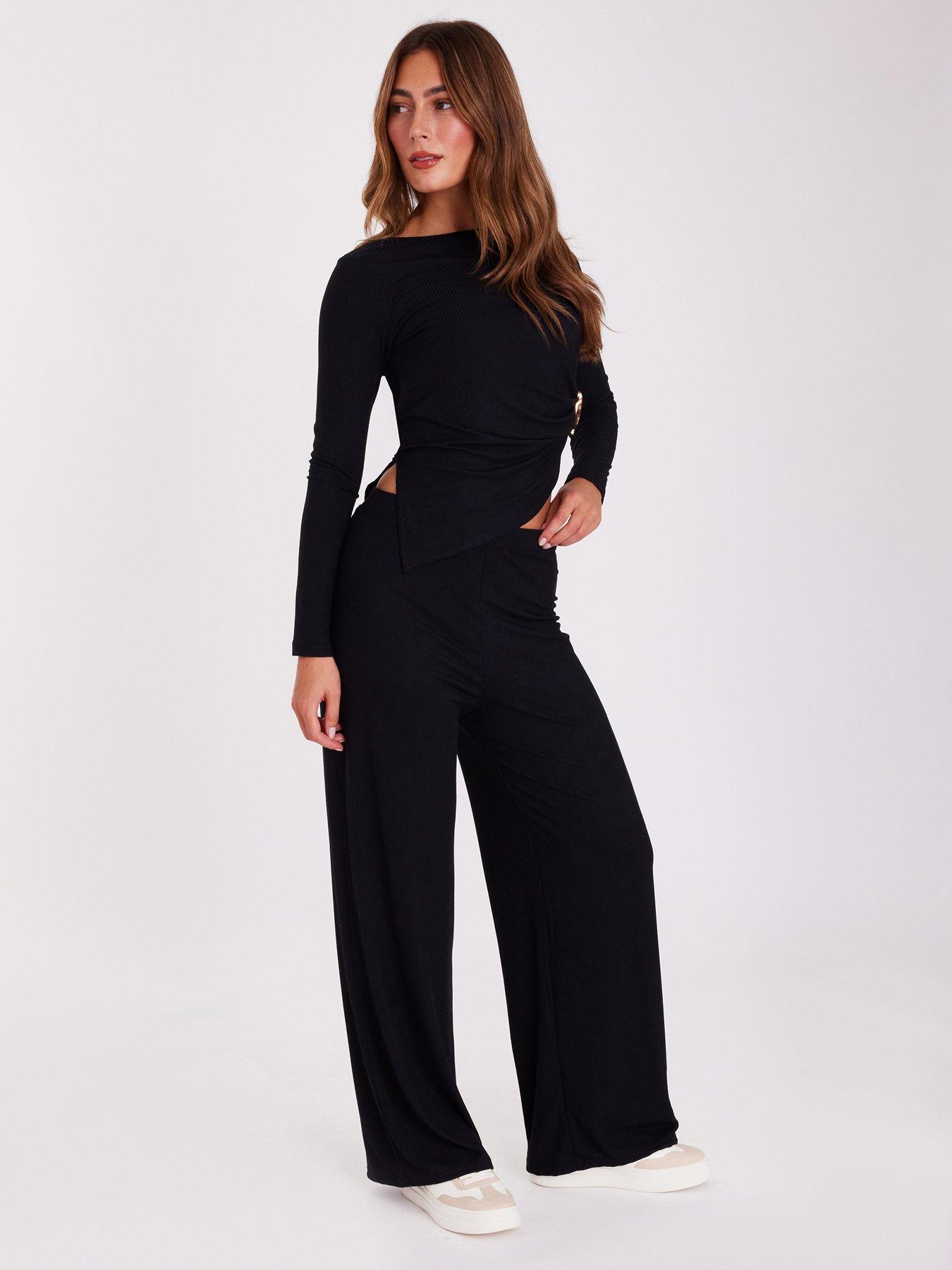 Quiz Black Ribbed Wide Leg Trousers | Littlewoods