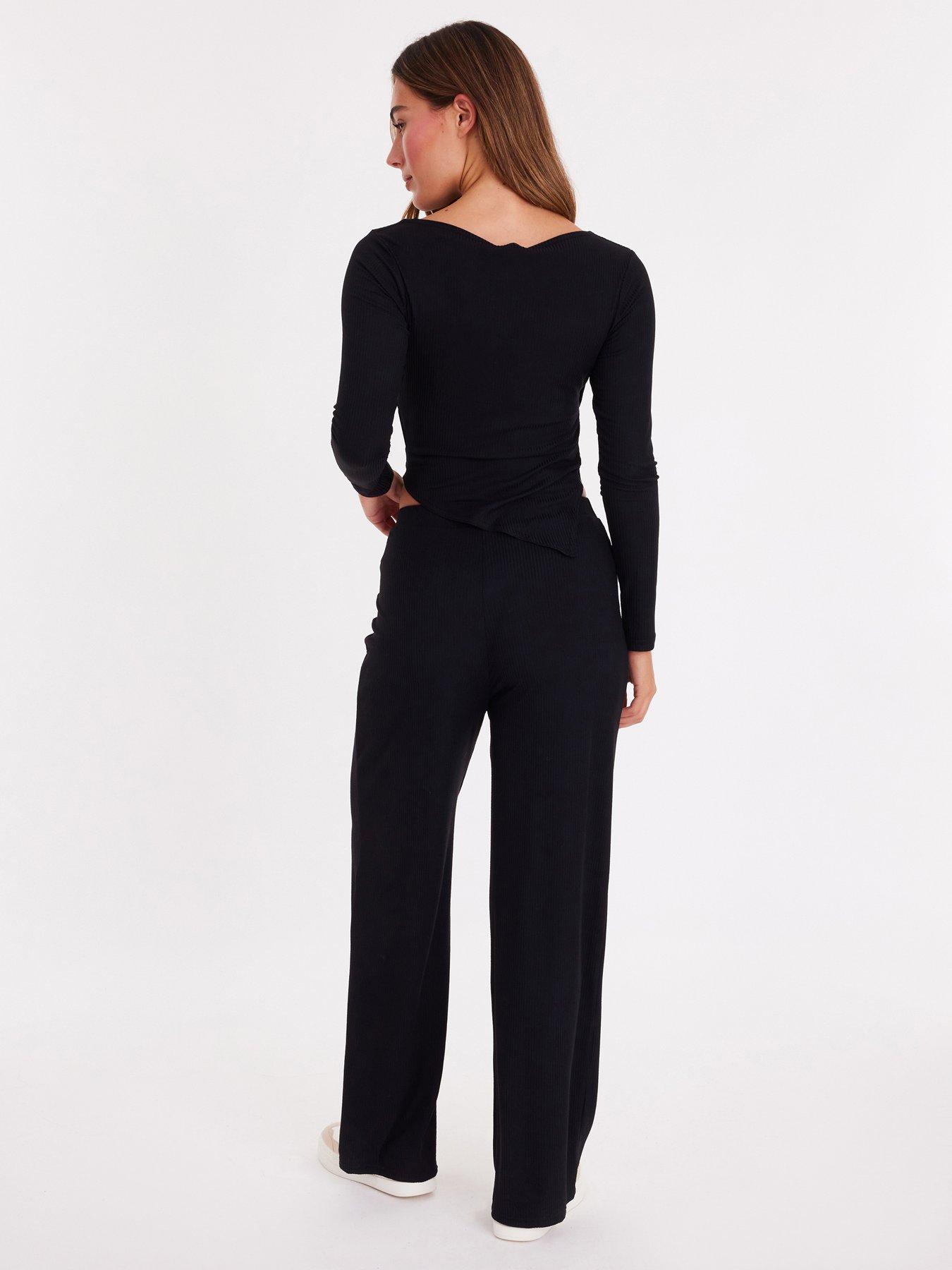  image of quiz-black-ribbed-wide-leg-trousers