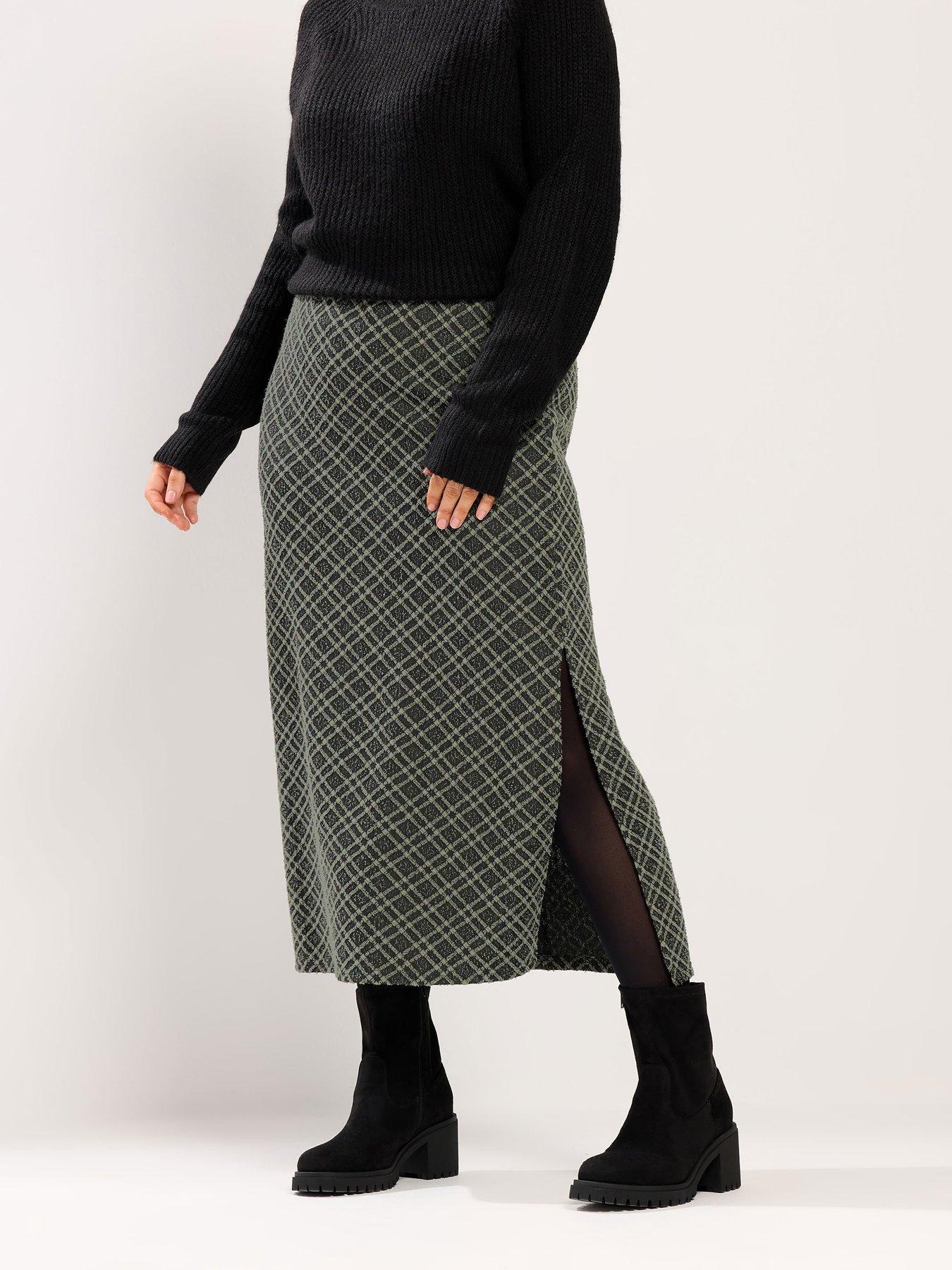 Image 1 of 4 of Yours Curve Midi Ponte Check Print Skirt - Green